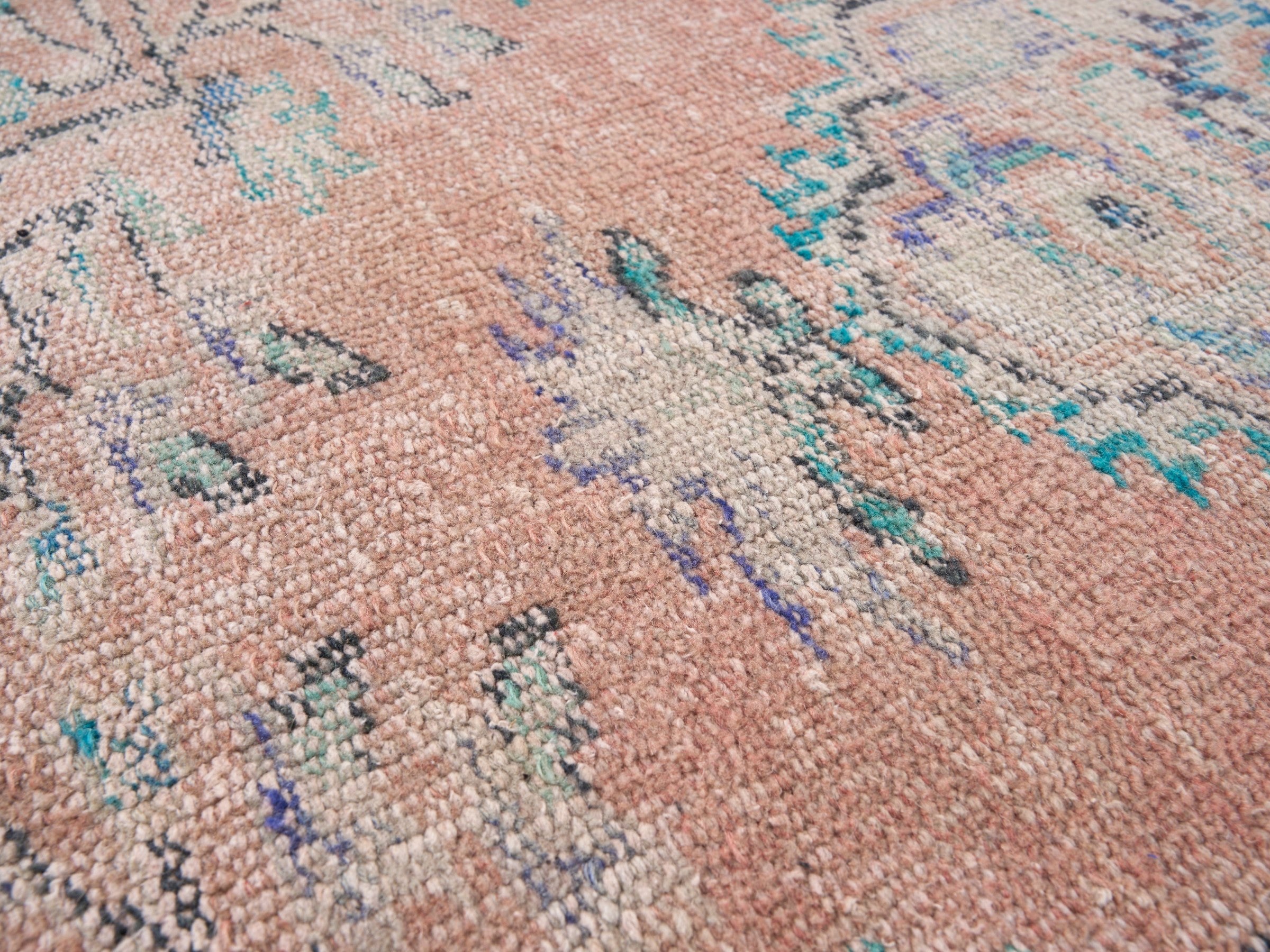 Turkish Manisa area rug in muted pink and slate blue, view 7 of 10