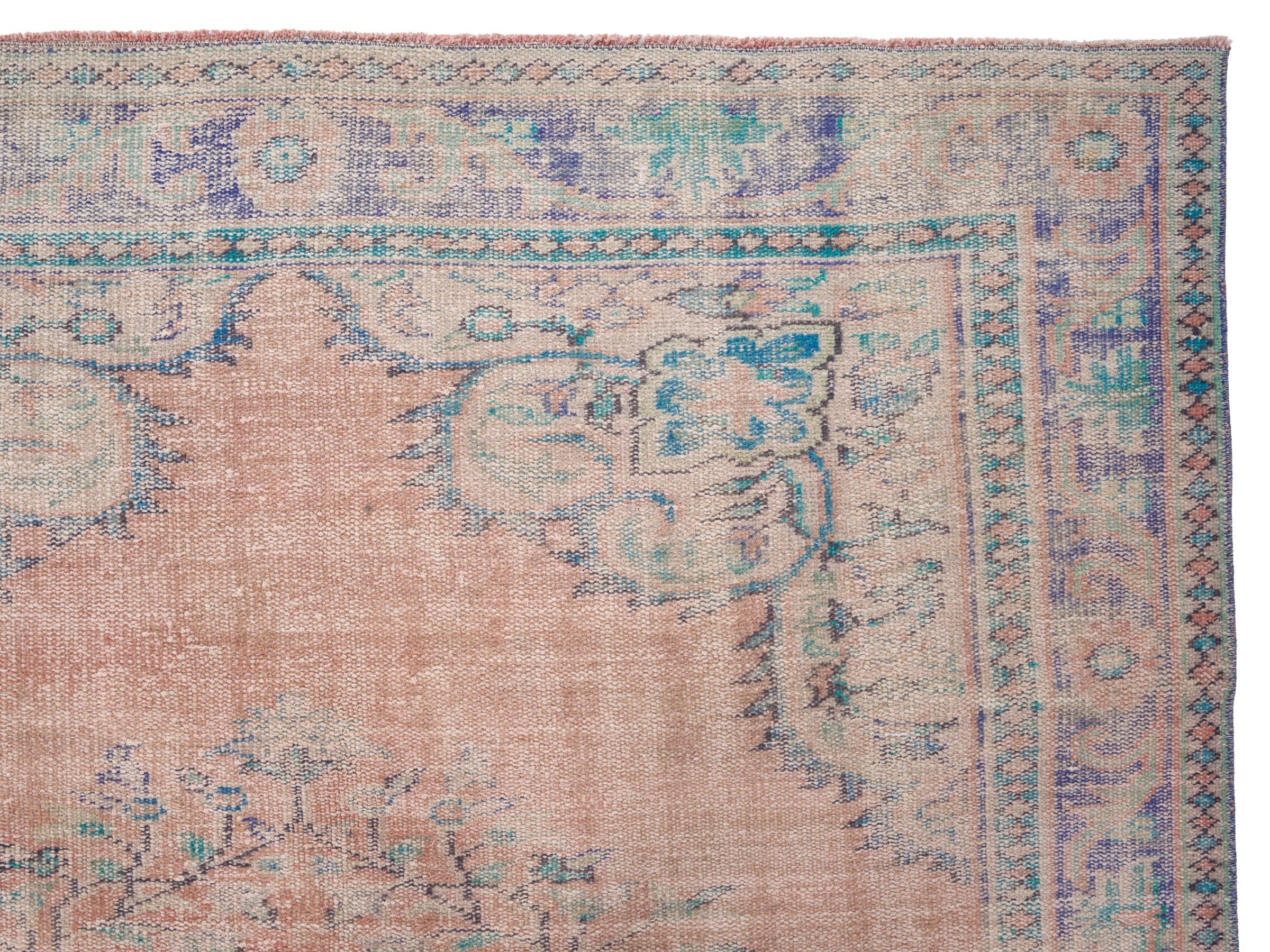 Turkish Manisa area rug in muted pink and slate blue, view 8 of 10