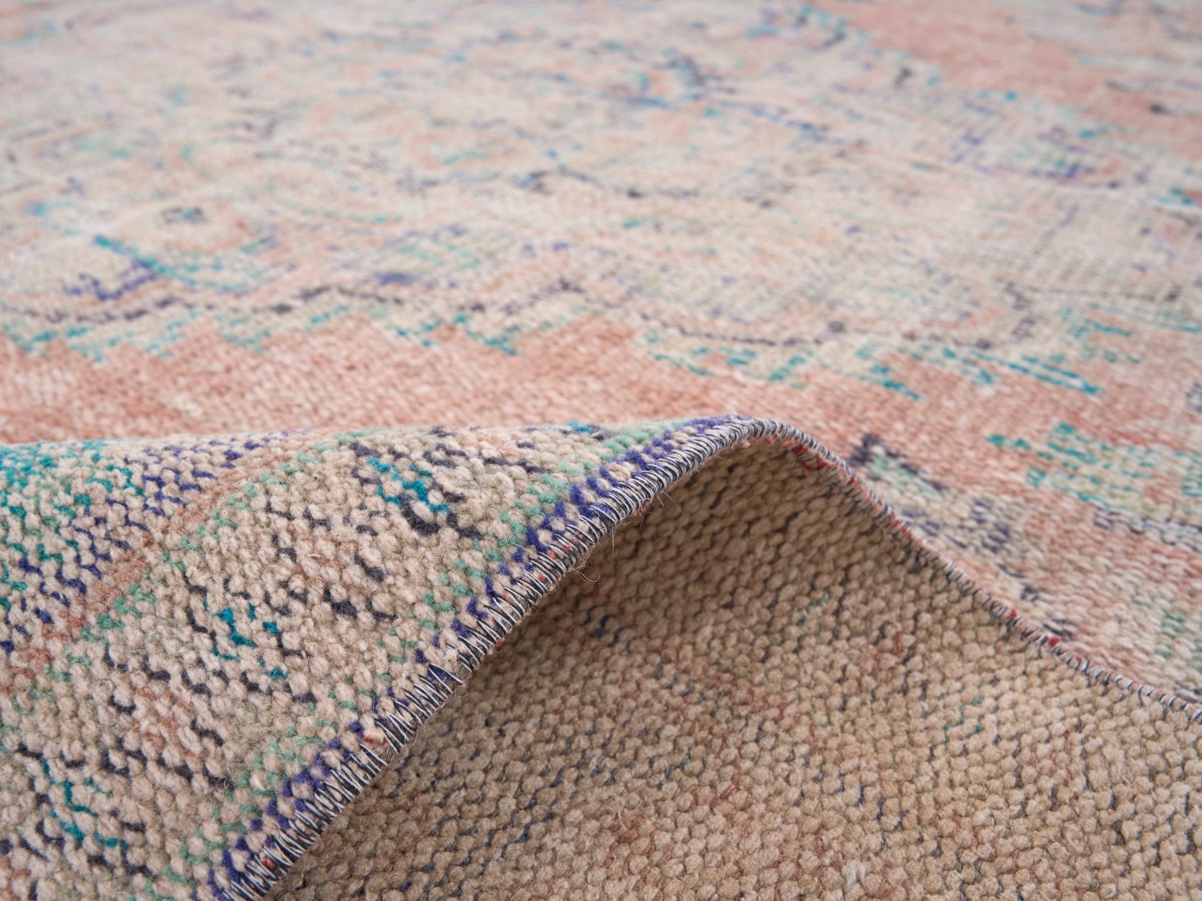 Turkish Manisa area rug in muted pink and slate blue, view 9 of 10