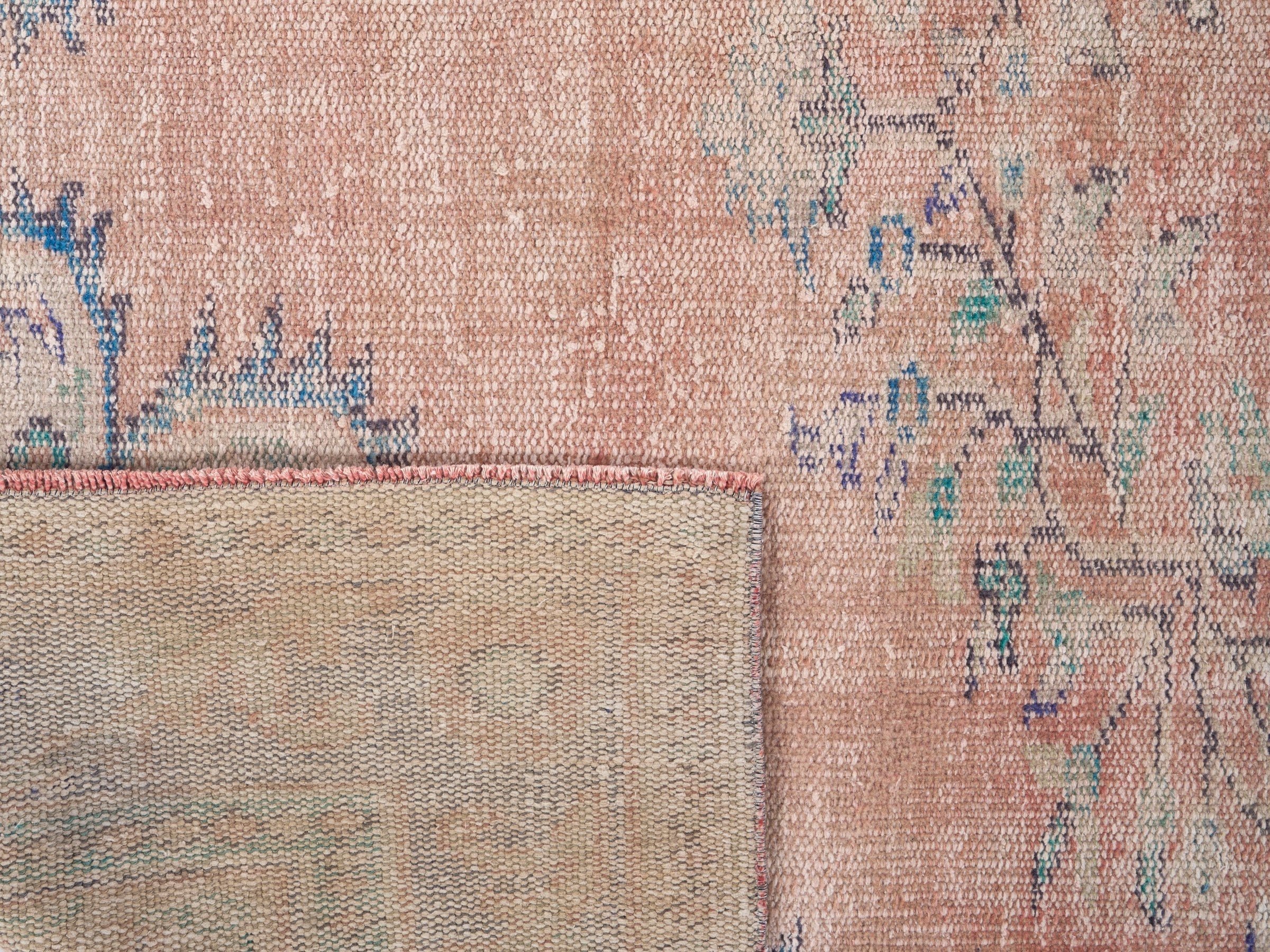 Turkish Manisa area rug in muted pink and slate blue, view 10 of 10