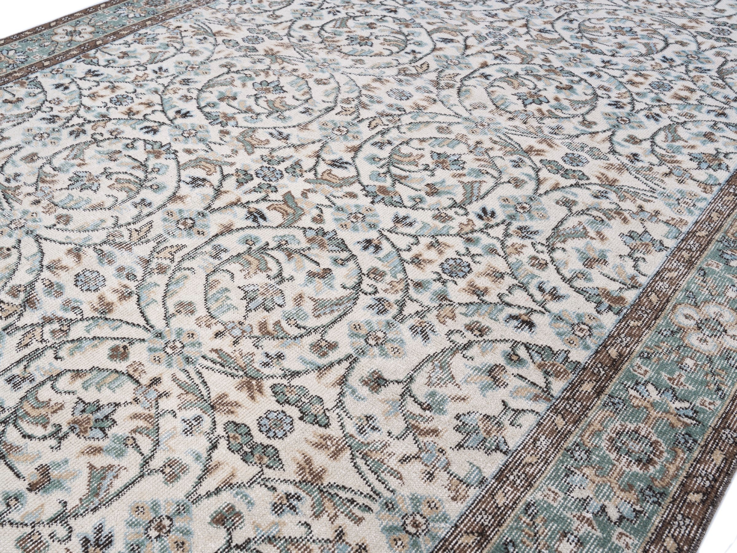 Turkish Isparta area rug in ivory and blue gray, view 5 of 10