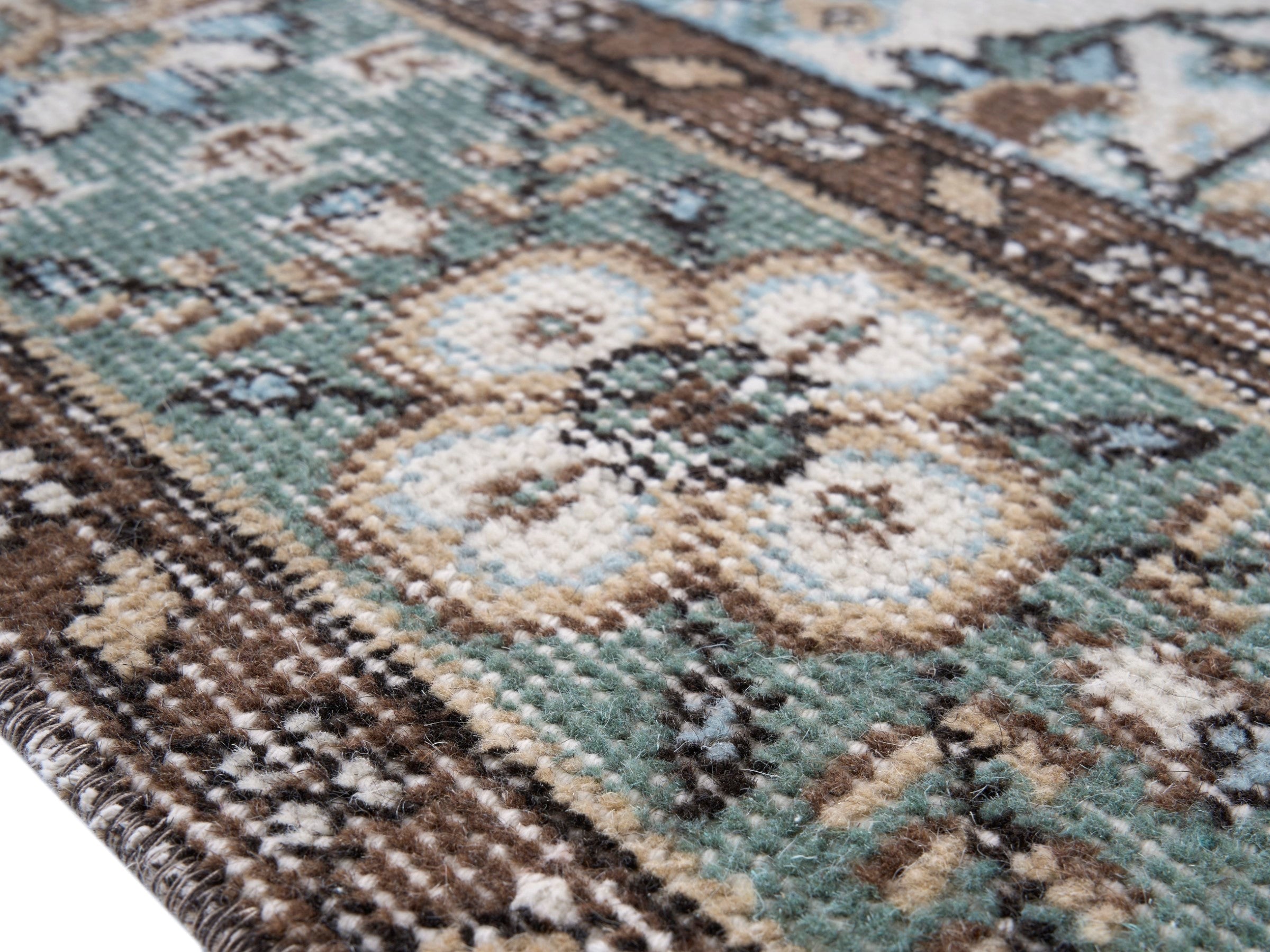 Turkish Isparta area rug in ivory and blue gray, view 6 of 10