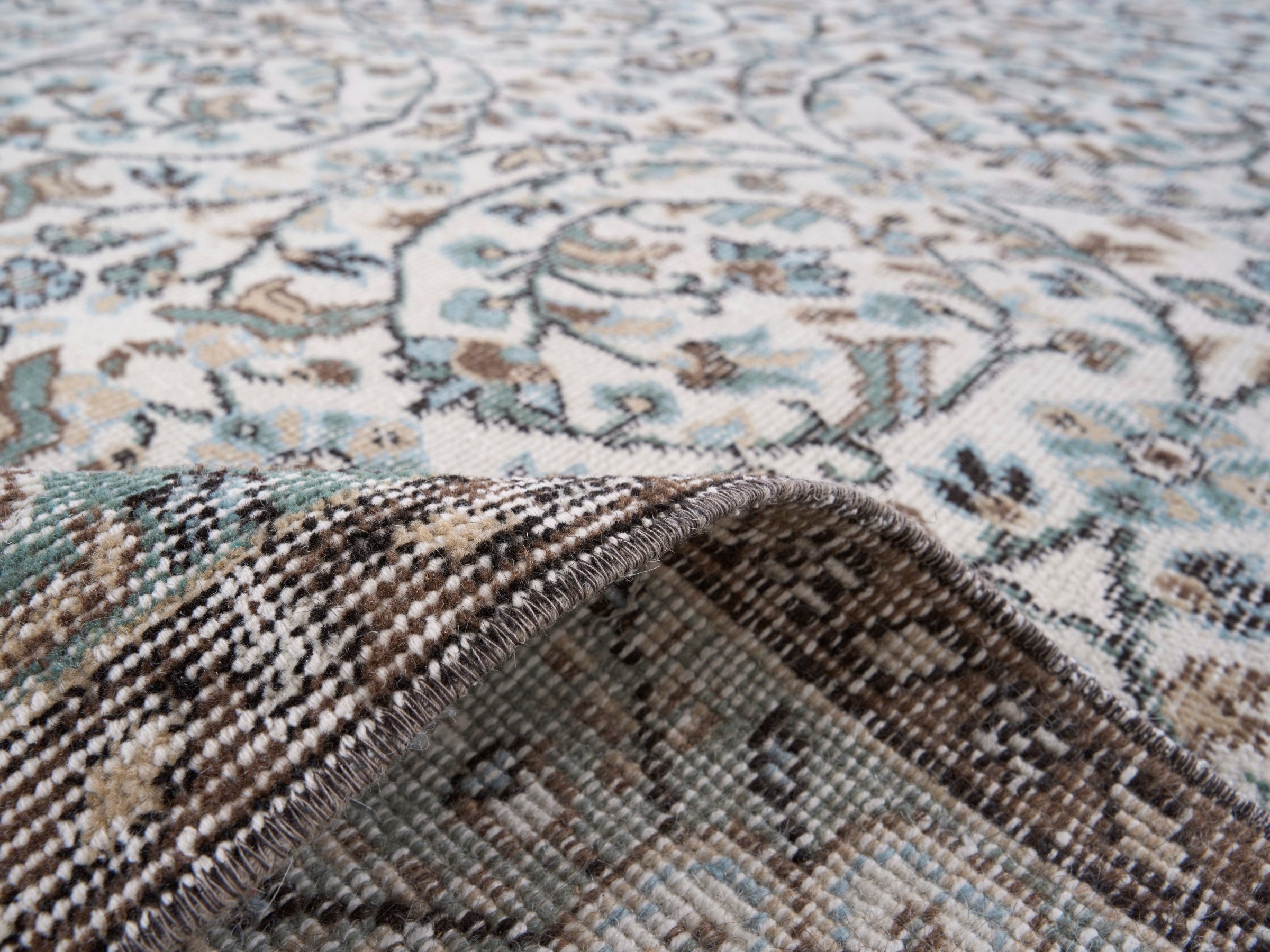 Turkish Isparta area rug in ivory and blue gray, view 9 of 10
