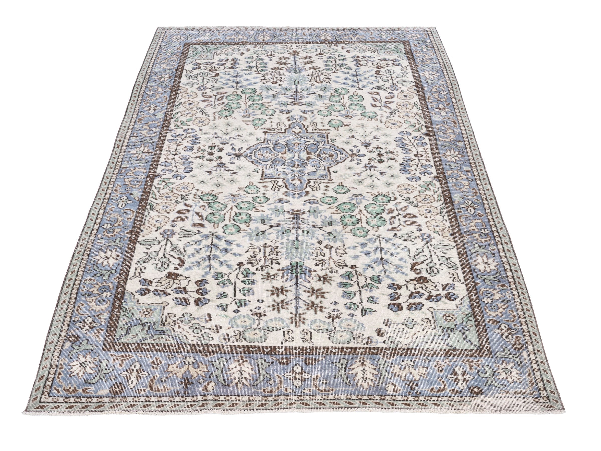 Turkish Isparta area rug in ivory and blue gray, view 2 of 10