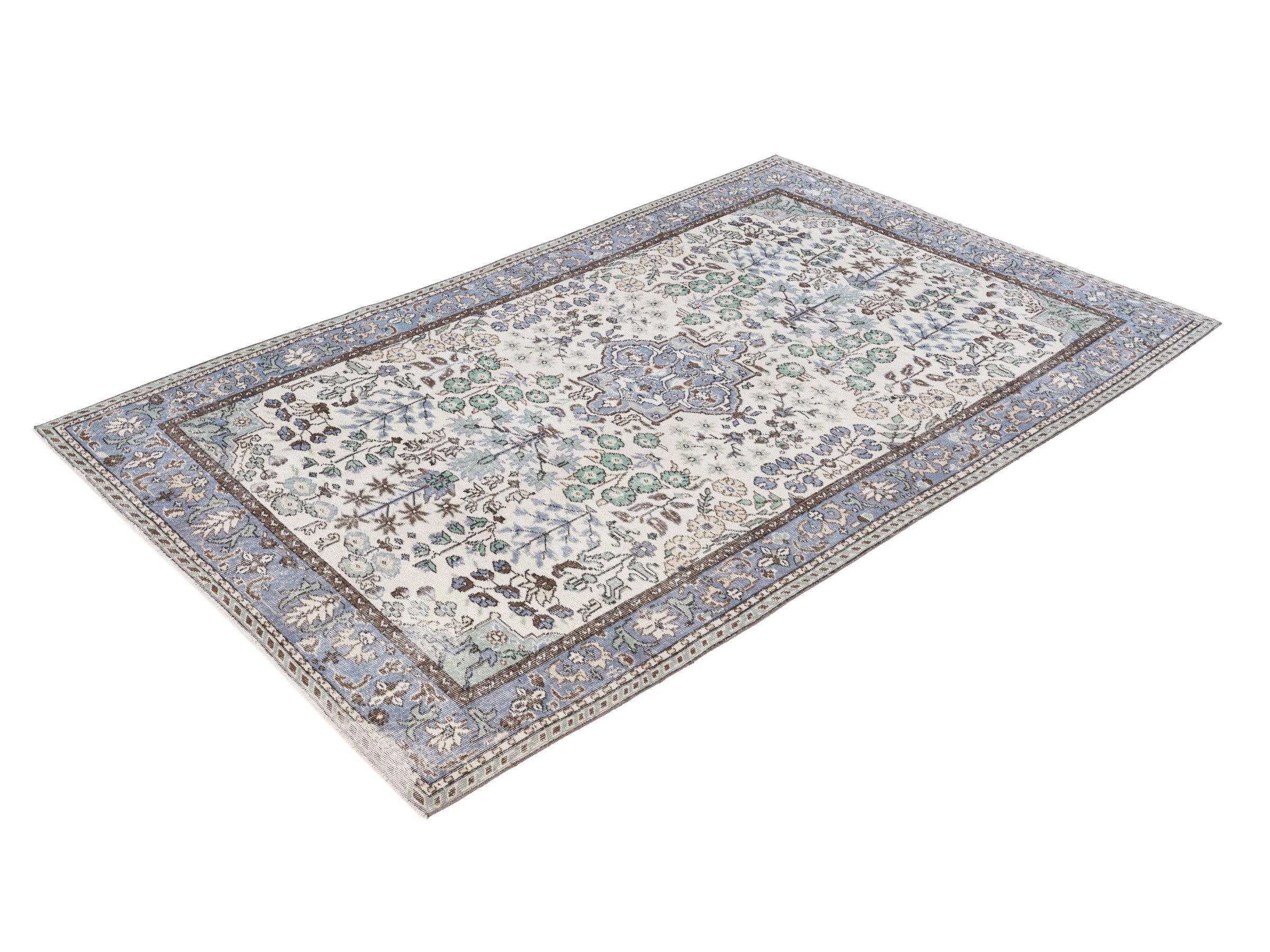 Turkish Isparta area rug in ivory and blue gray, view 3 of 10
