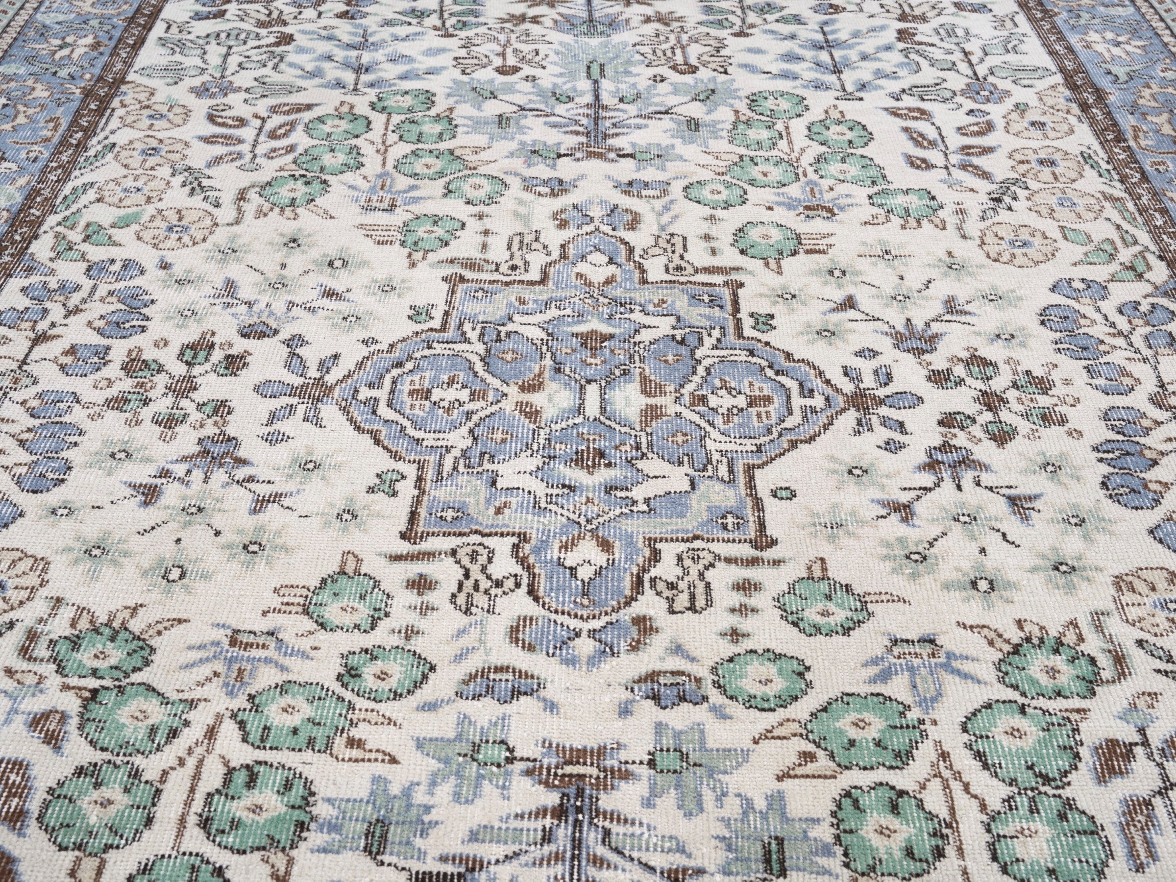 Turkish Isparta area rug in ivory and blue gray, view 4 of 10