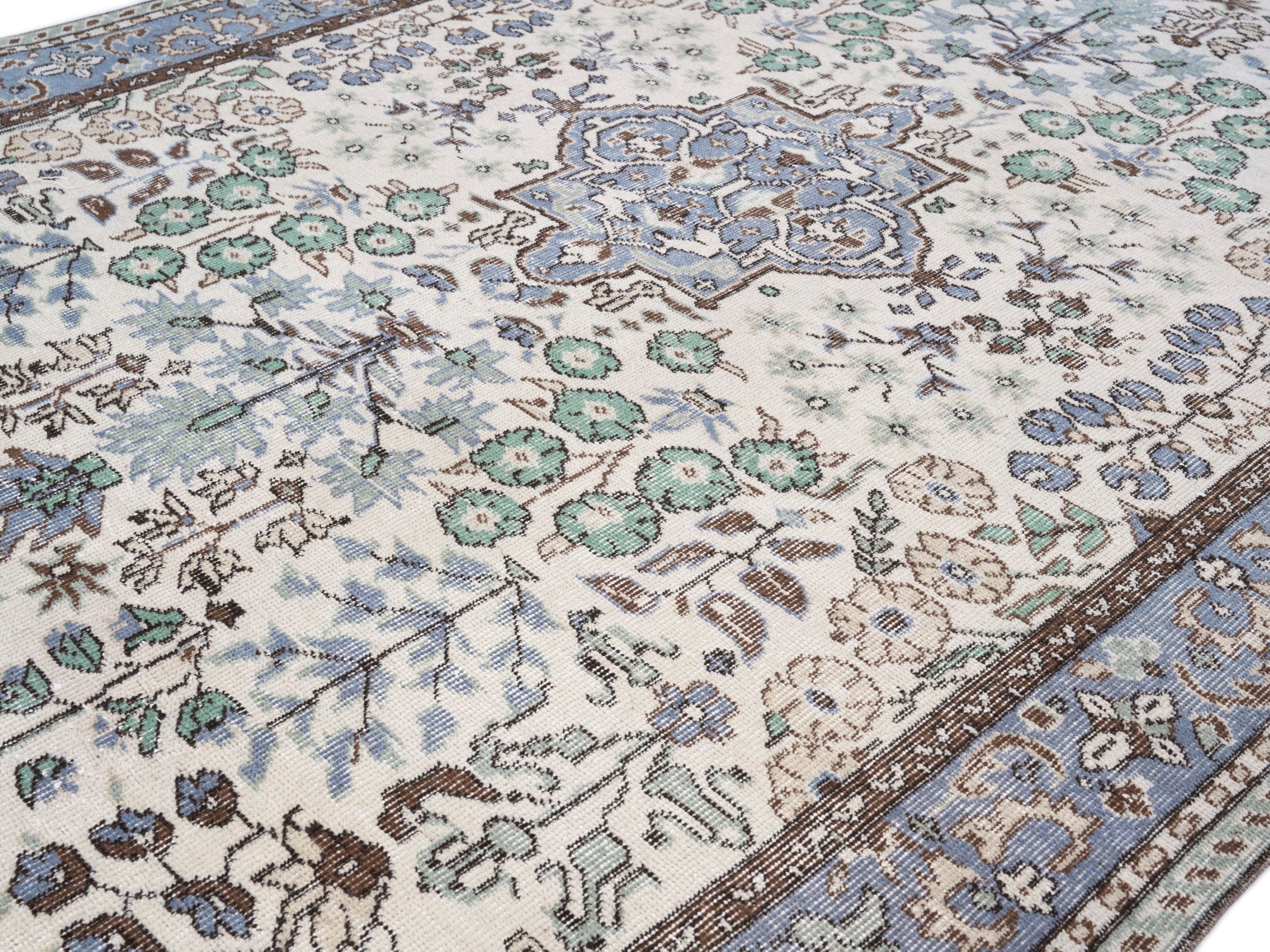 Turkish Isparta area rug in ivory and blue gray, view 5 of 10