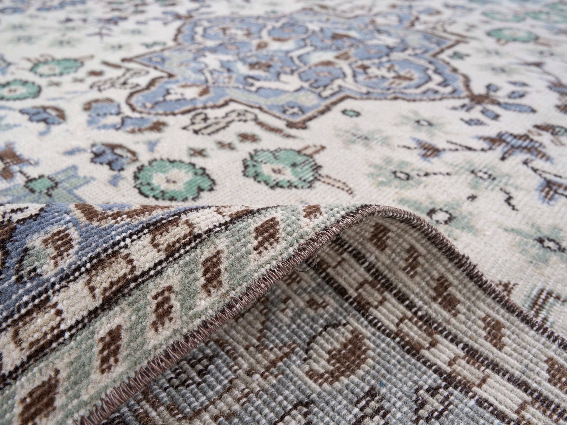 Turkish Isparta area rug in ivory and blue gray, view 9 of 10