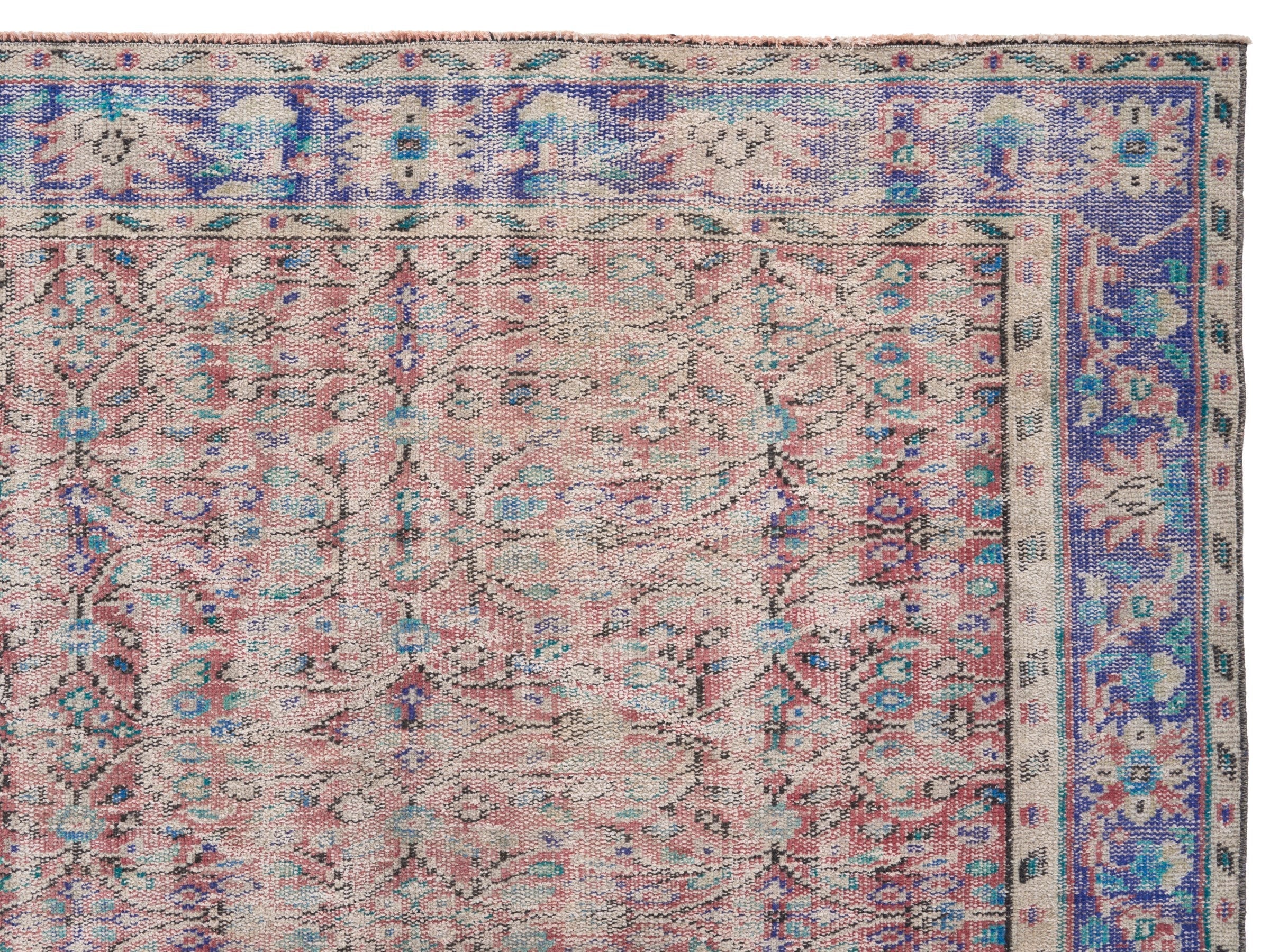 Turkish Manisa area rug in muted pink and navy, view 8 of 10