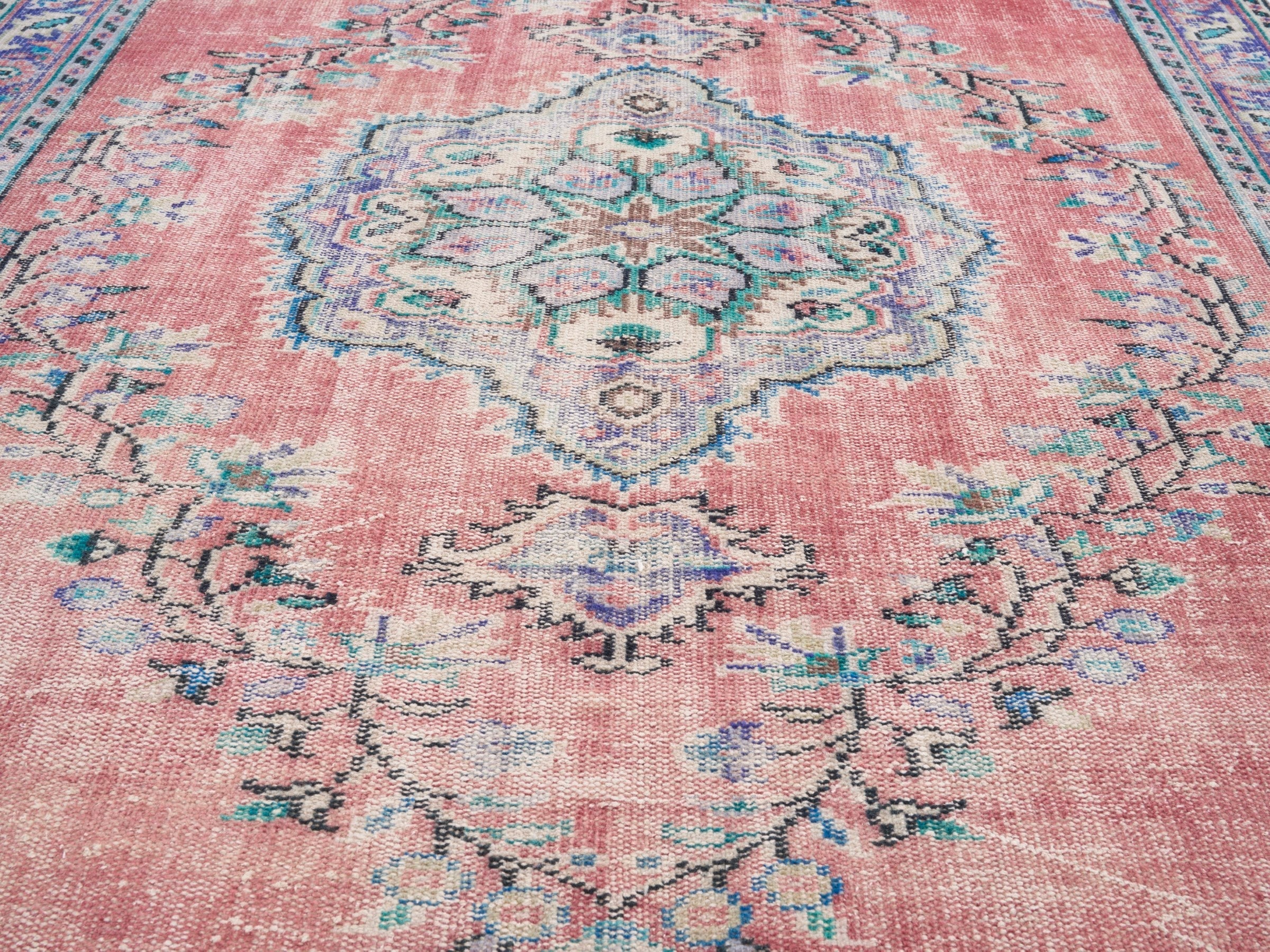 Turkish Manisa area rug in dusty rose and muted pink, view 4 of 10