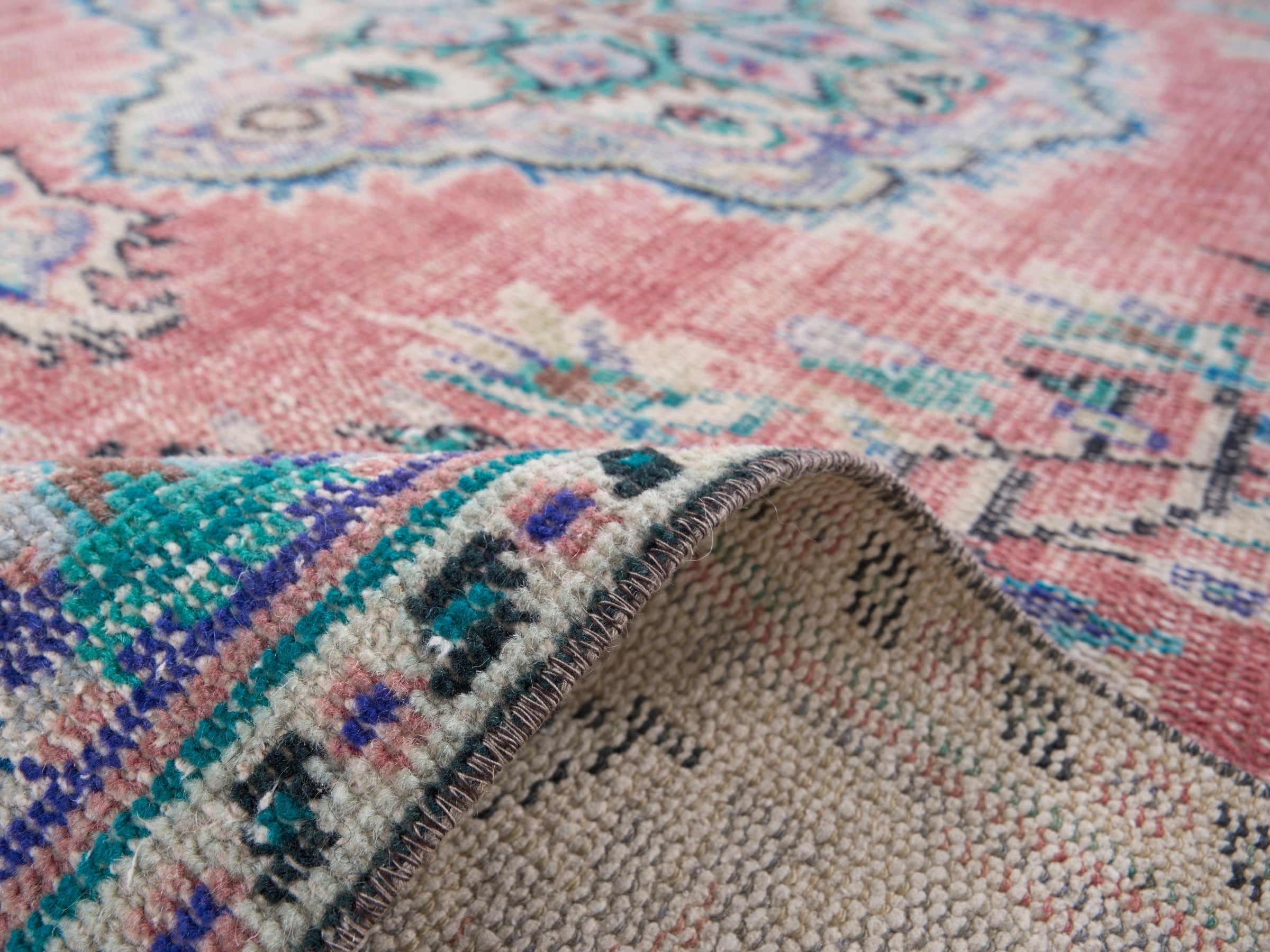 Turkish Manisa area rug in dusty rose and muted pink, view 9 of 10