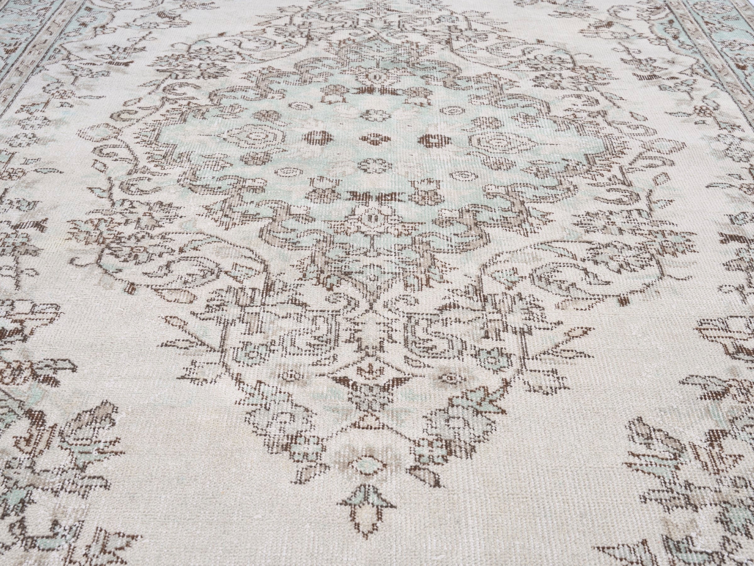 Turkish Isparta area rug in cream and celadon, view 4 of 10