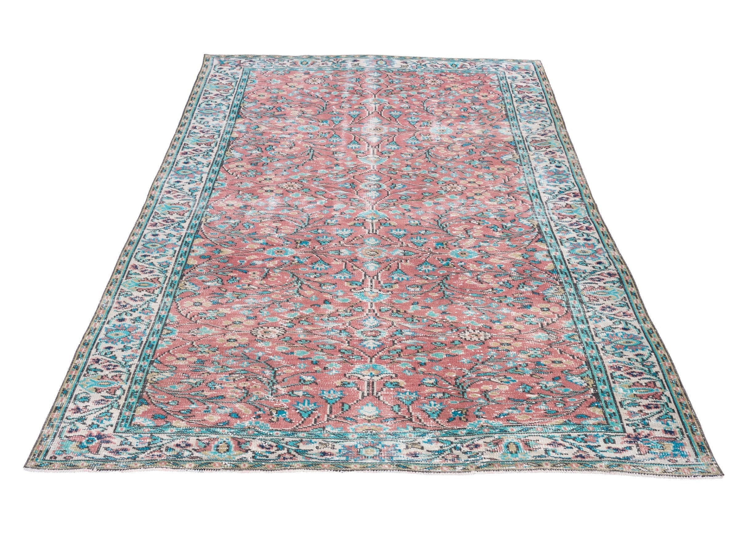 Turkish Manisa area rug in faded red and teal, view 2 of 10