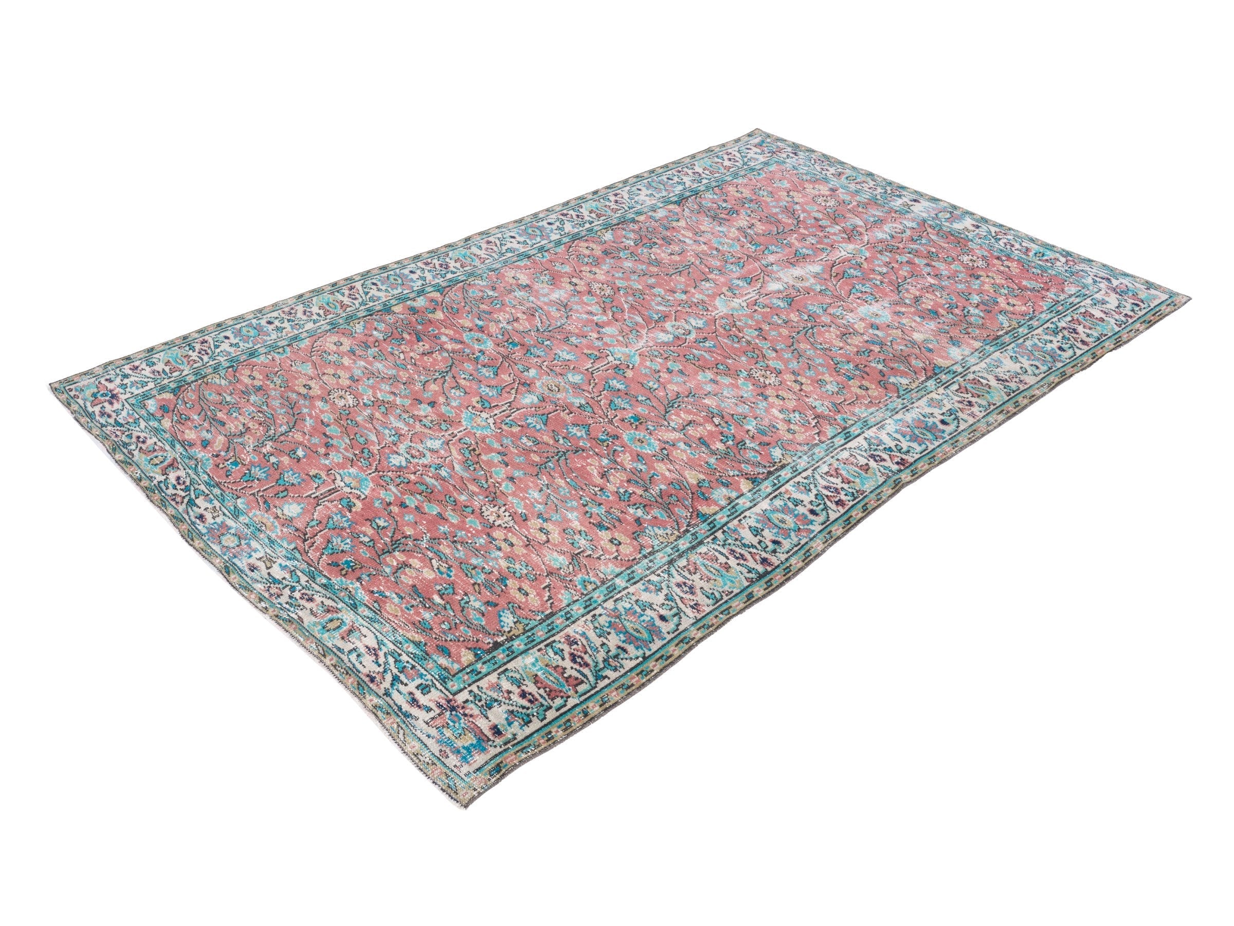 Turkish Manisa area rug in faded red and teal, view 3 of 10