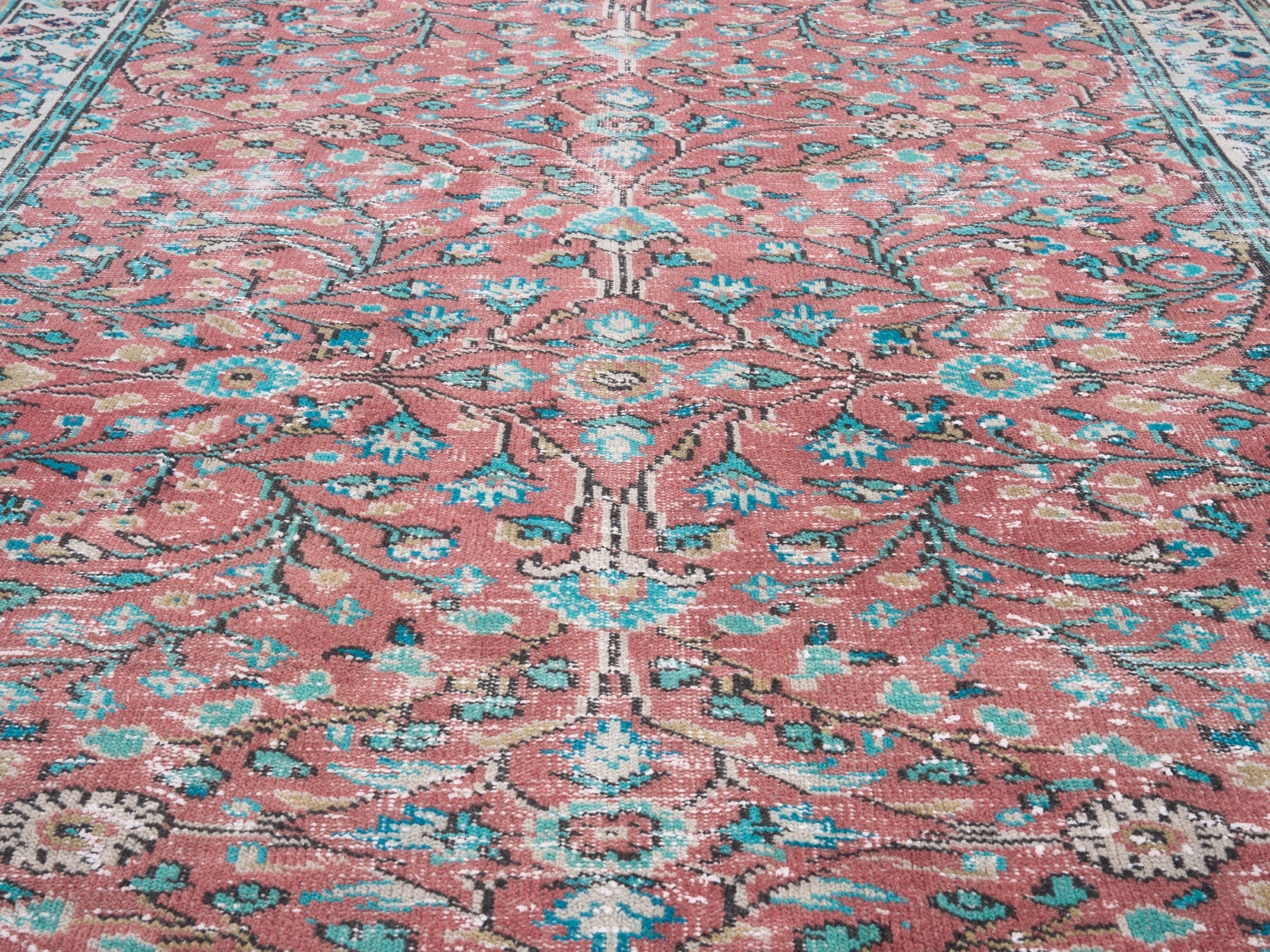 Turkish Manisa area rug in faded red and teal, view 4 of 10