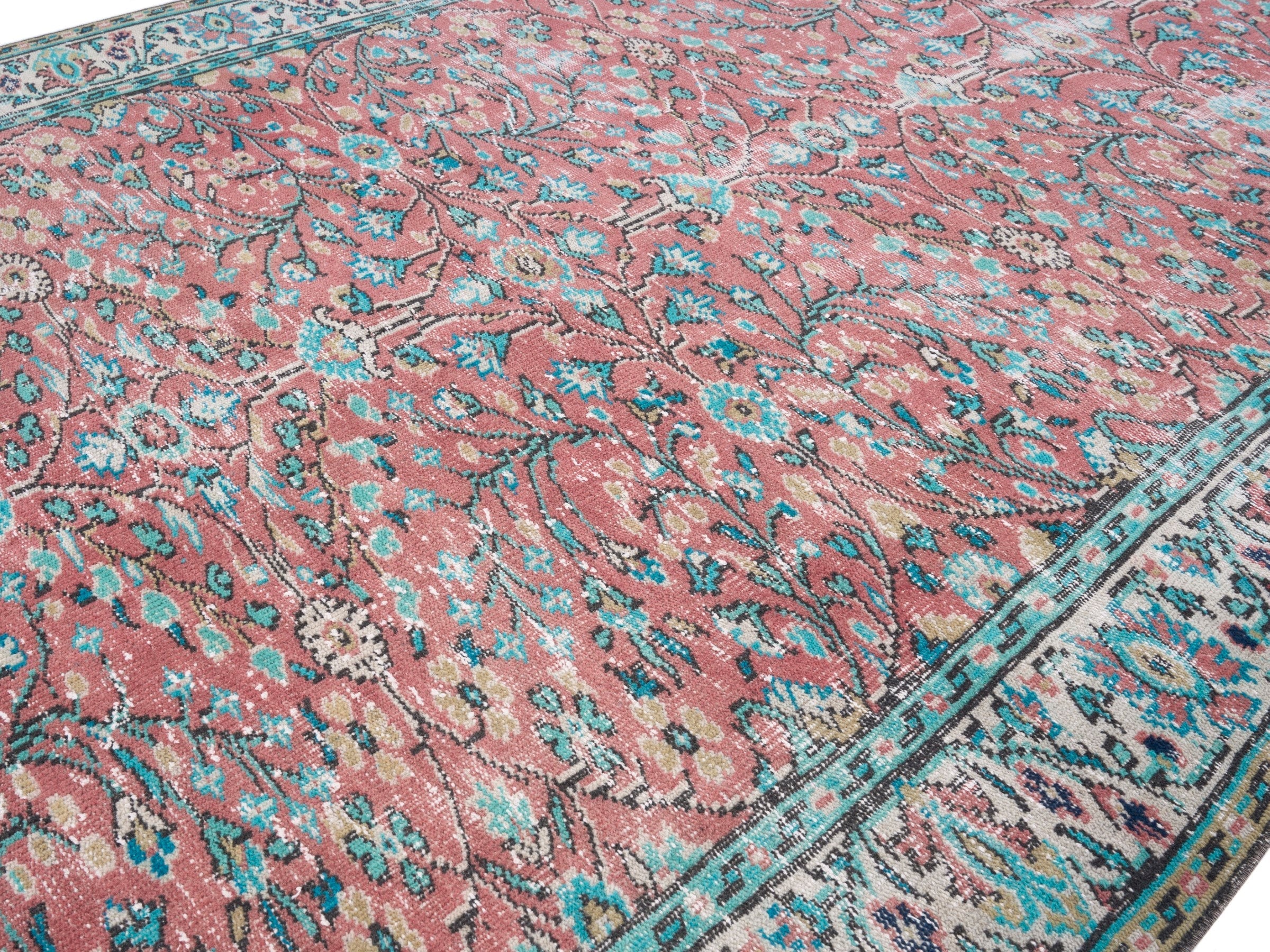 Turkish Manisa area rug in faded red and teal, view 5 of 10