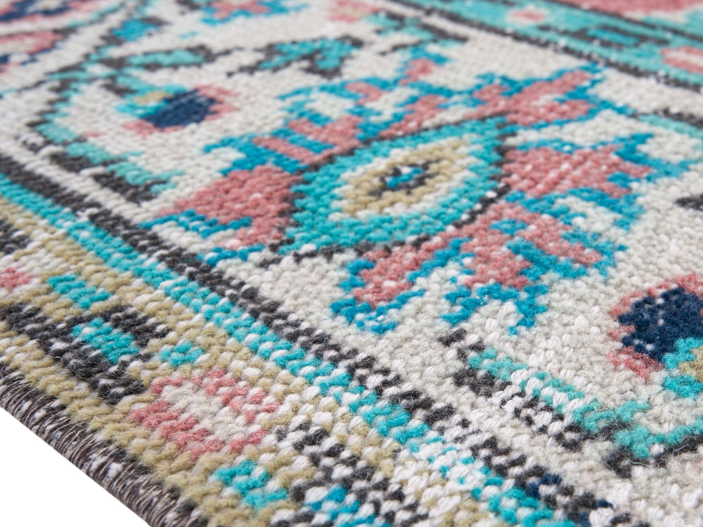 Turkish Manisa area rug in faded red and teal, view 6 of 10