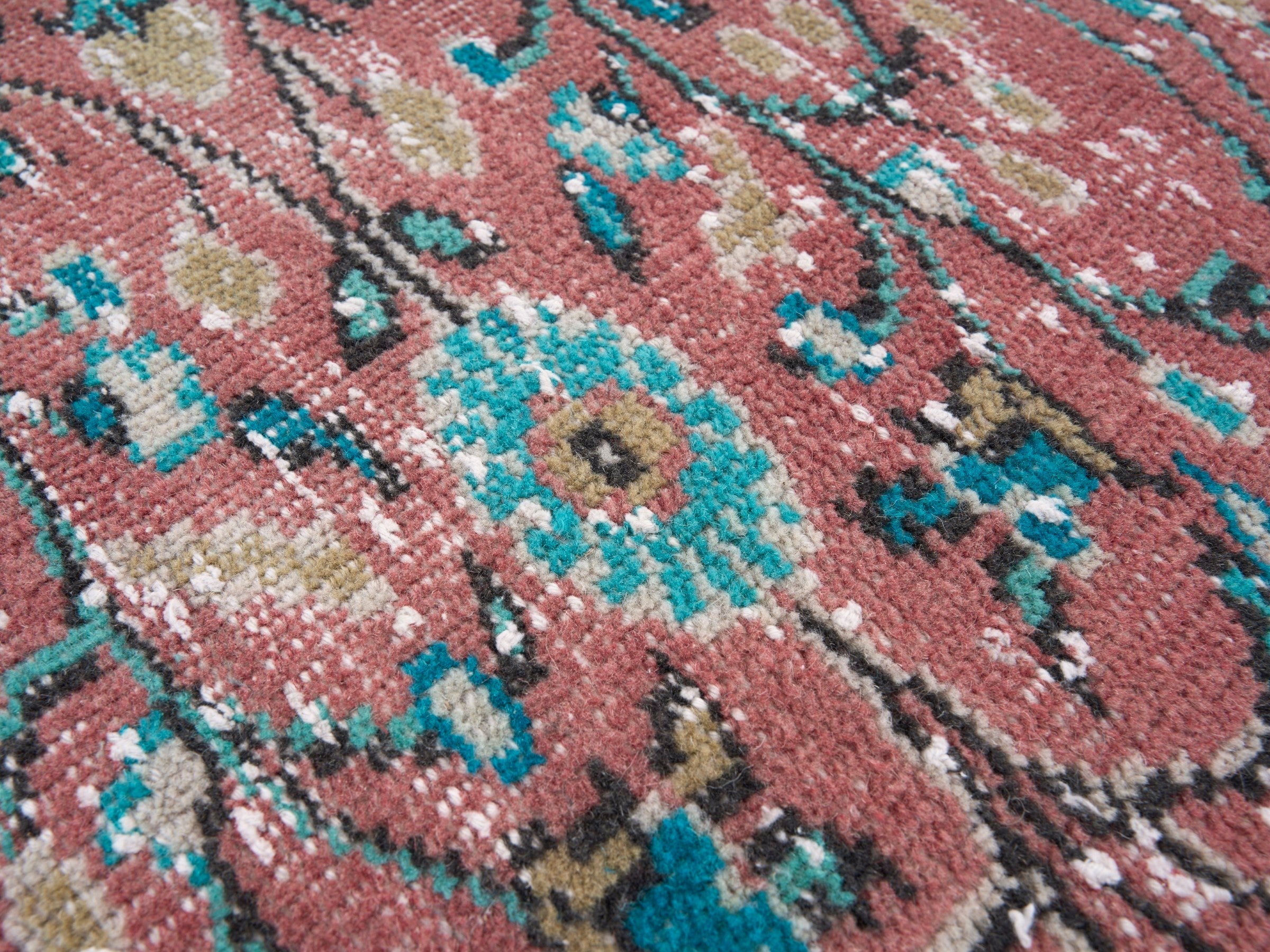 Turkish Manisa area rug in faded red and teal, view 7 of 10