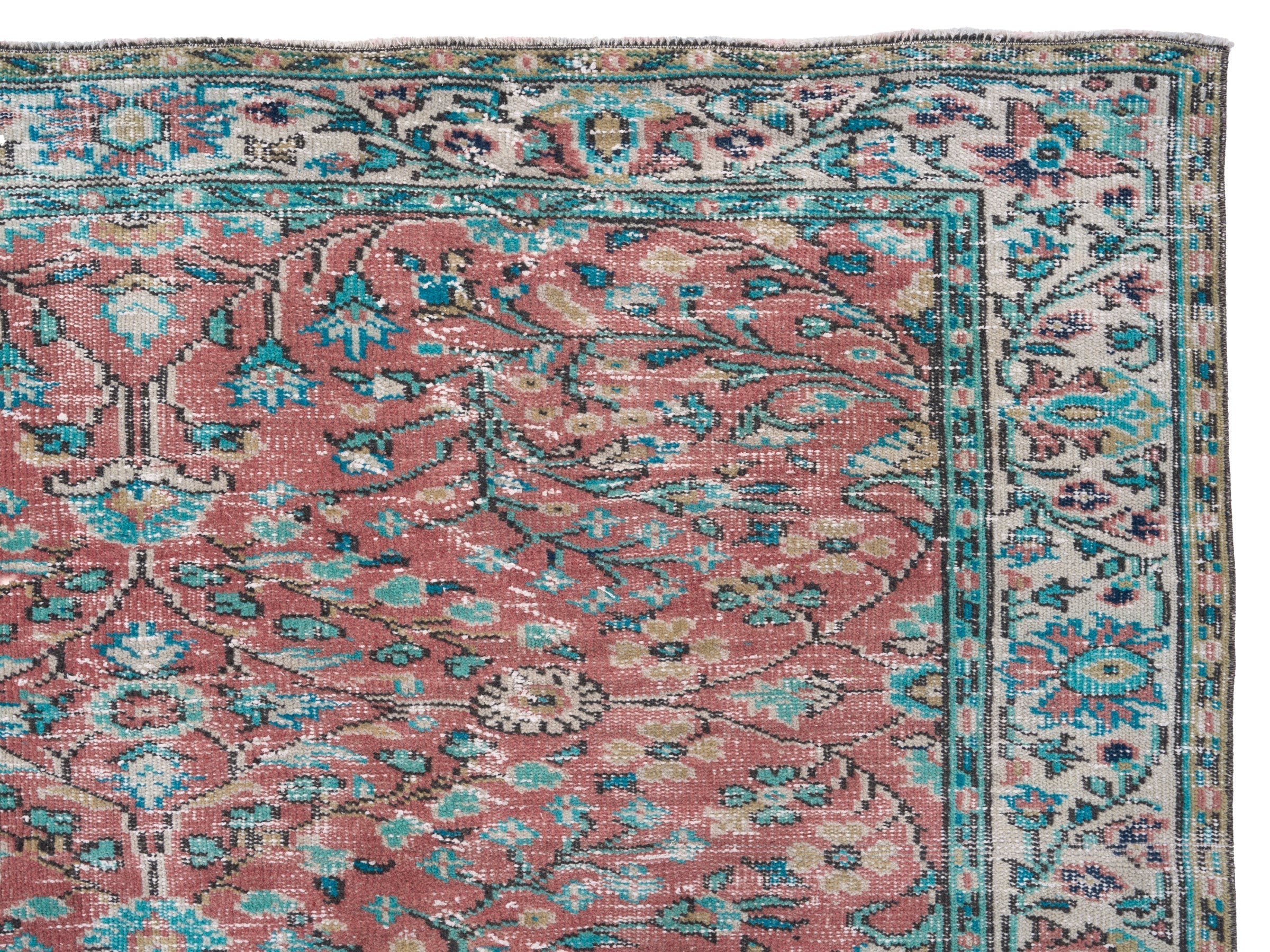 Turkish Manisa area rug in faded red and teal, view 8 of 10