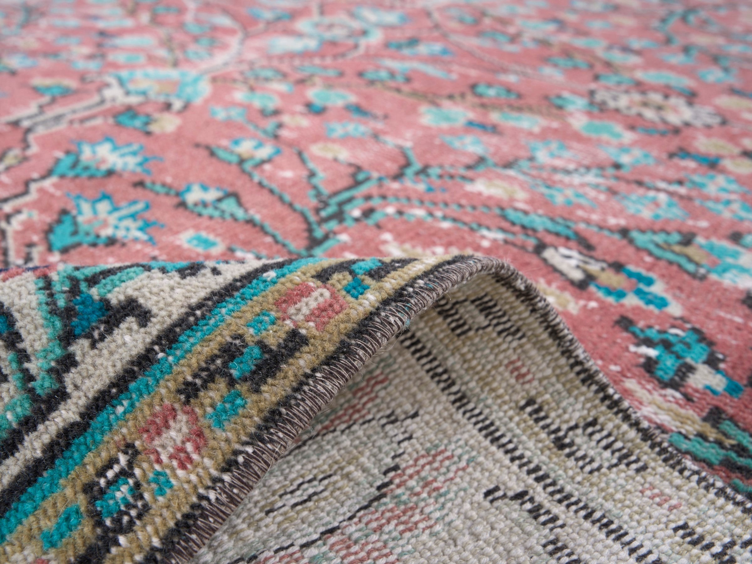 Turkish Manisa area rug in faded red and teal, view 9 of 10
