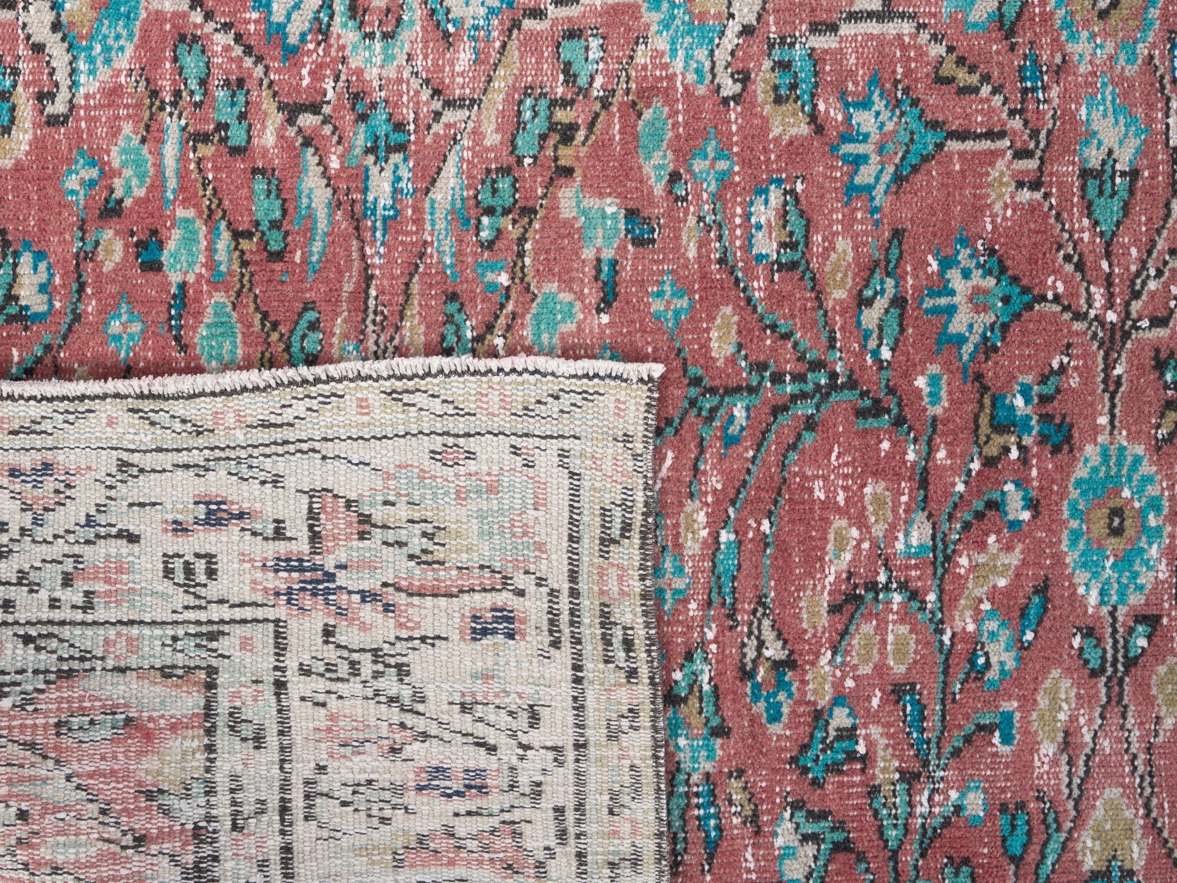Turkish Manisa area rug in faded red and teal, view 10 of 10