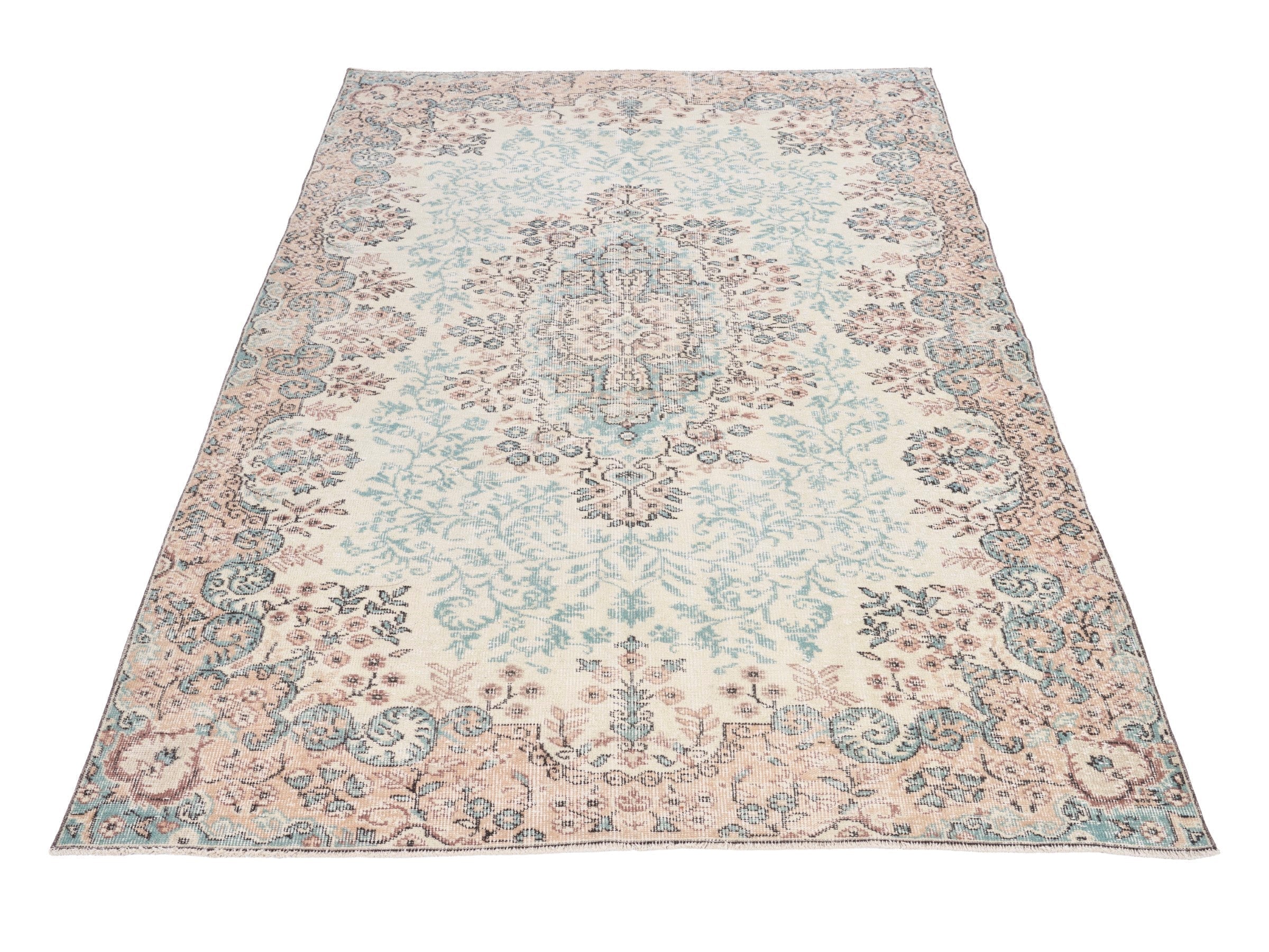 Turkish Isparta area rug in cream and muted pink, view 2 of 10