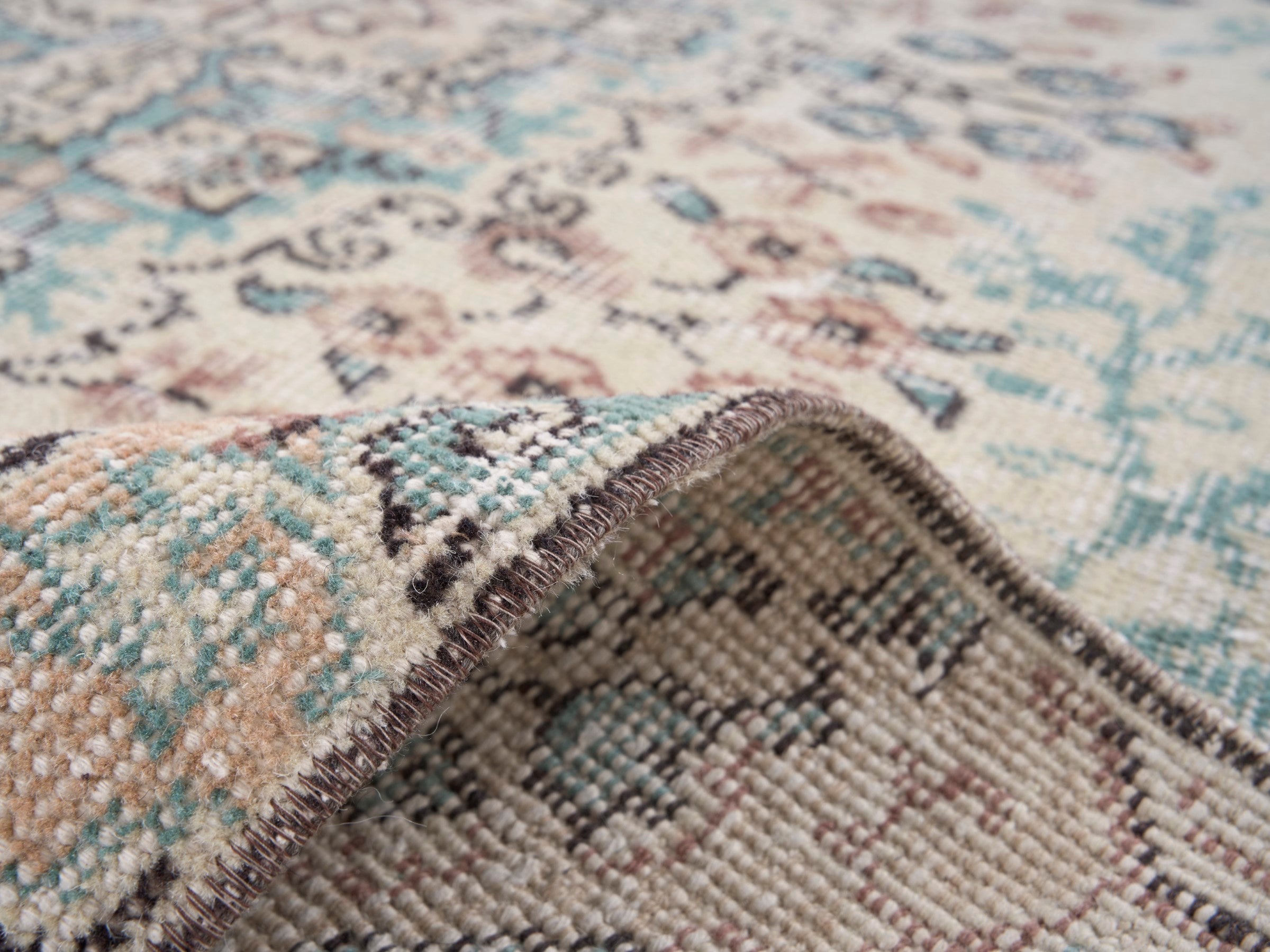 Turkish Isparta area rug in cream and muted pink, view 9 of 10