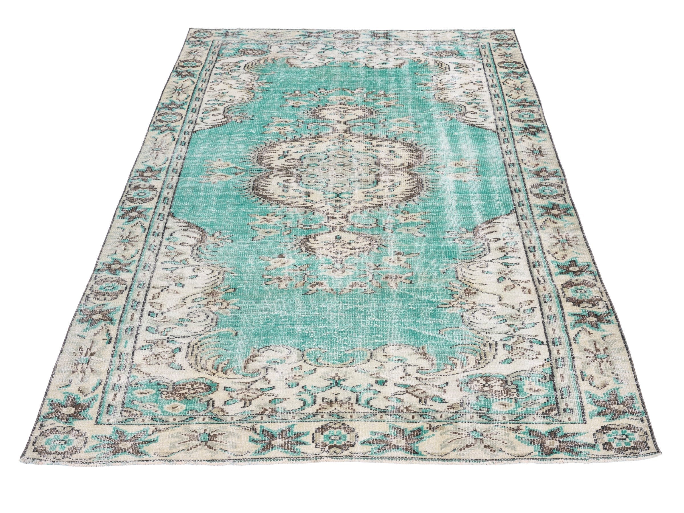 Turkish Manisa area rug in turquoise and cream, view 2 of 10