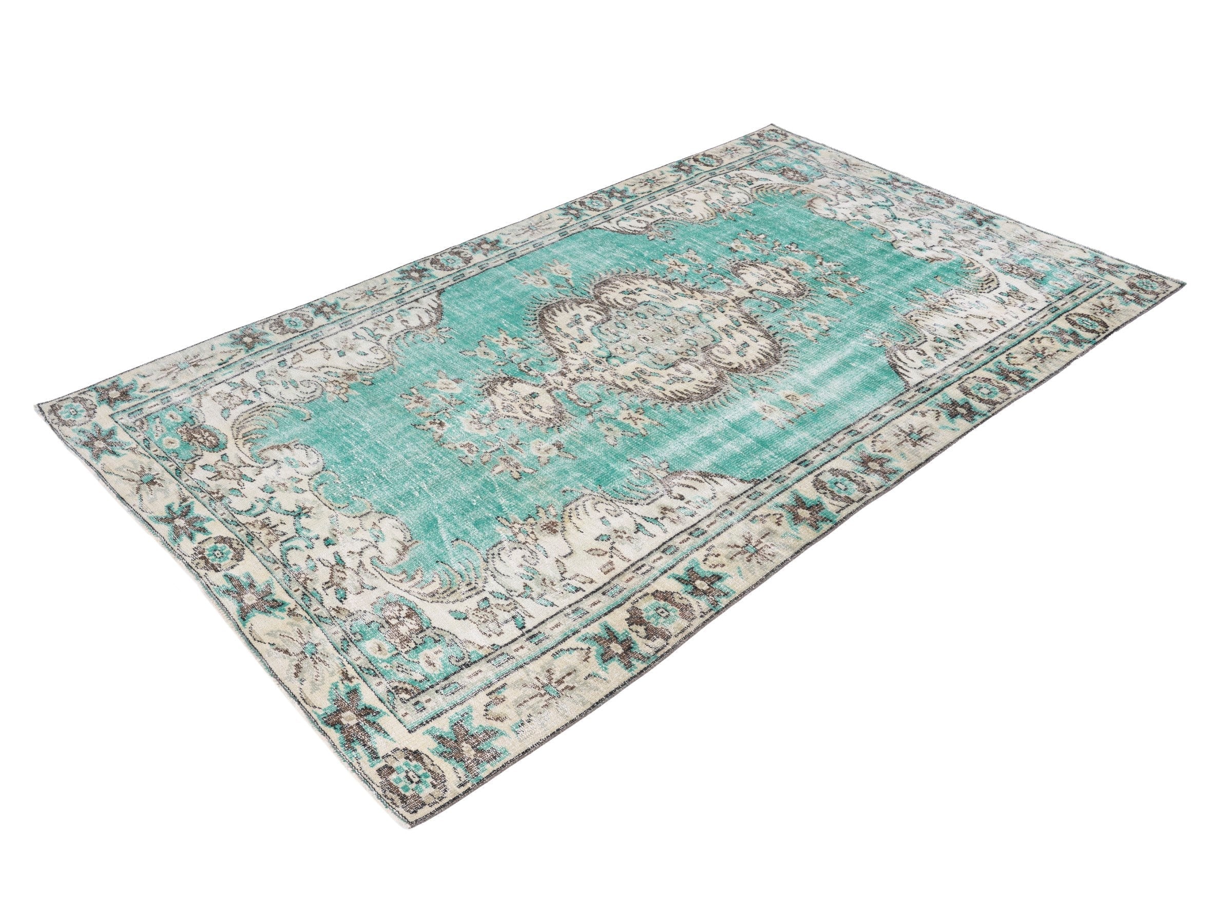 Turkish Manisa area rug in turquoise and cream, view 3 of 10