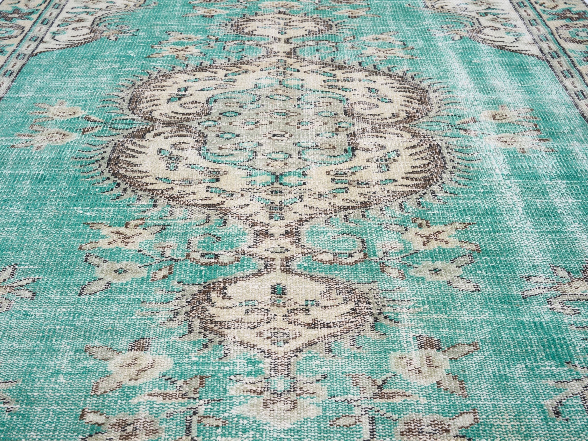 Turkish Manisa area rug in turquoise and cream, view 4 of 10