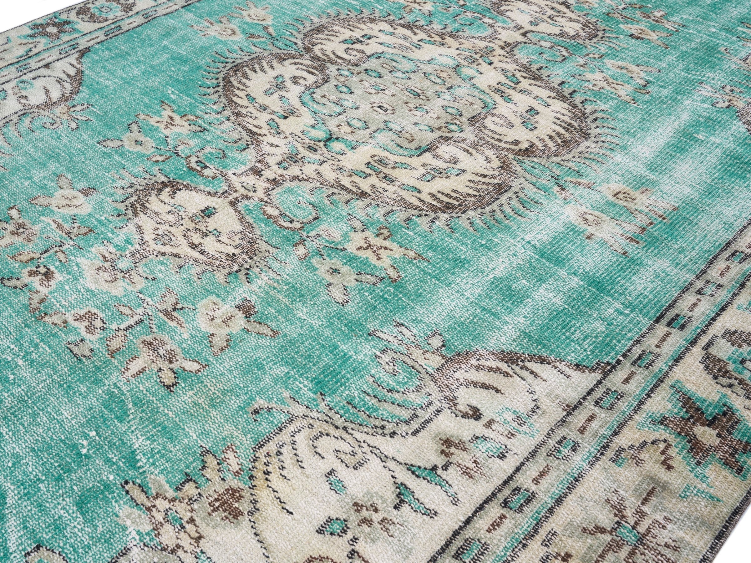Turkish Manisa area rug in turquoise and cream, view 5 of 10