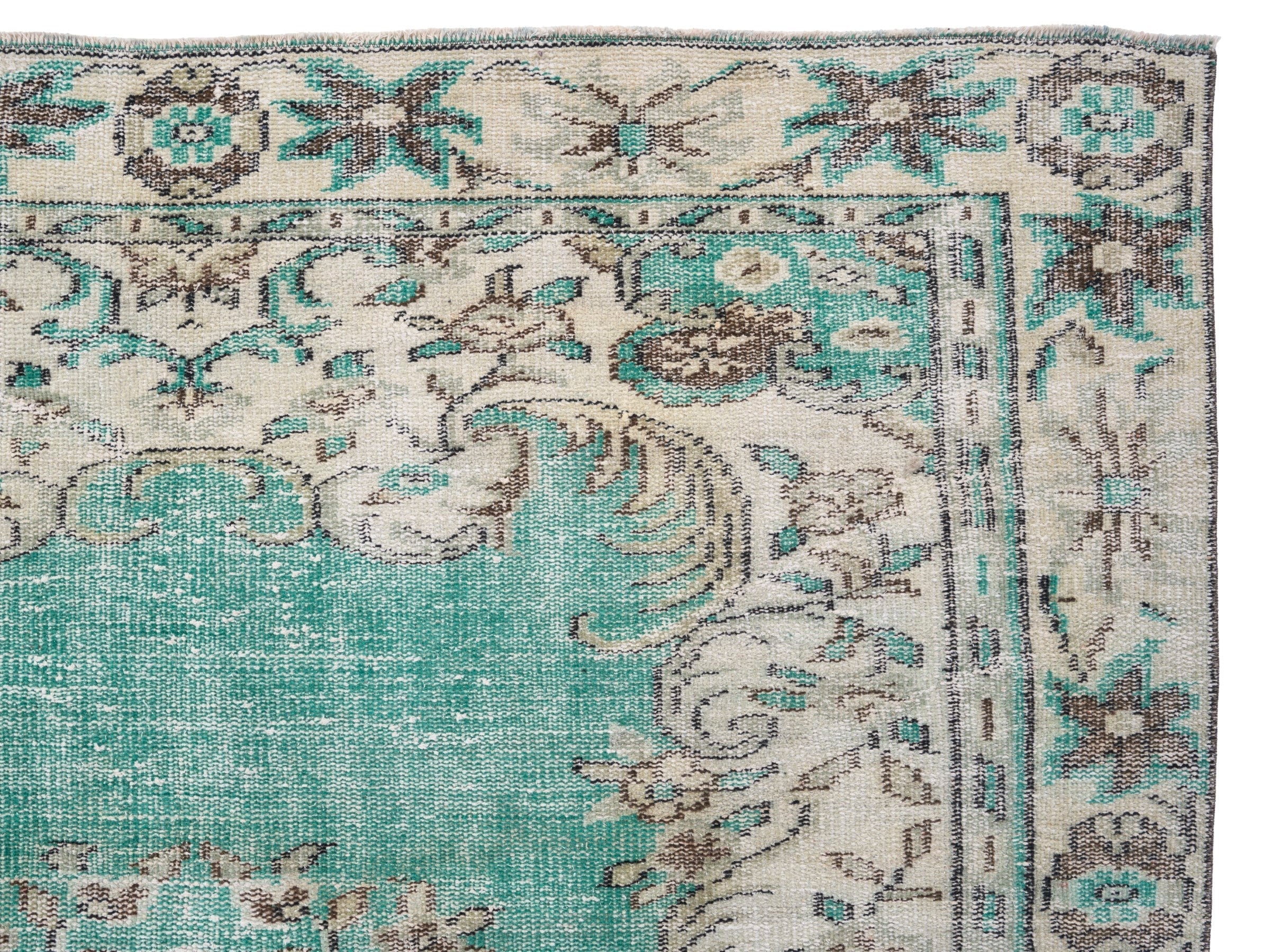 Turkish Manisa area rug in turquoise and cream, view 8 of 10