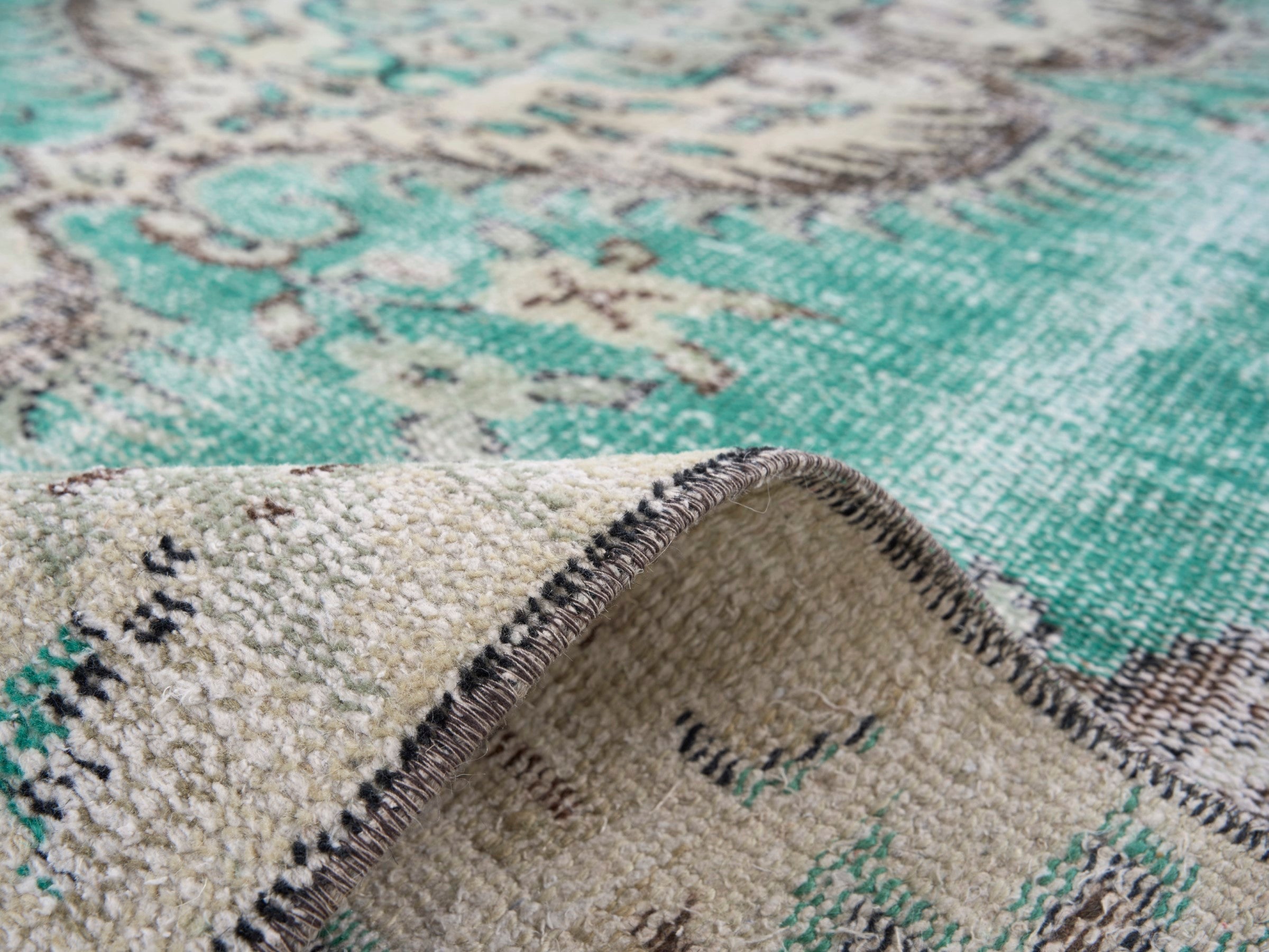 Turkish Manisa area rug in turquoise and cream, view 9 of 10