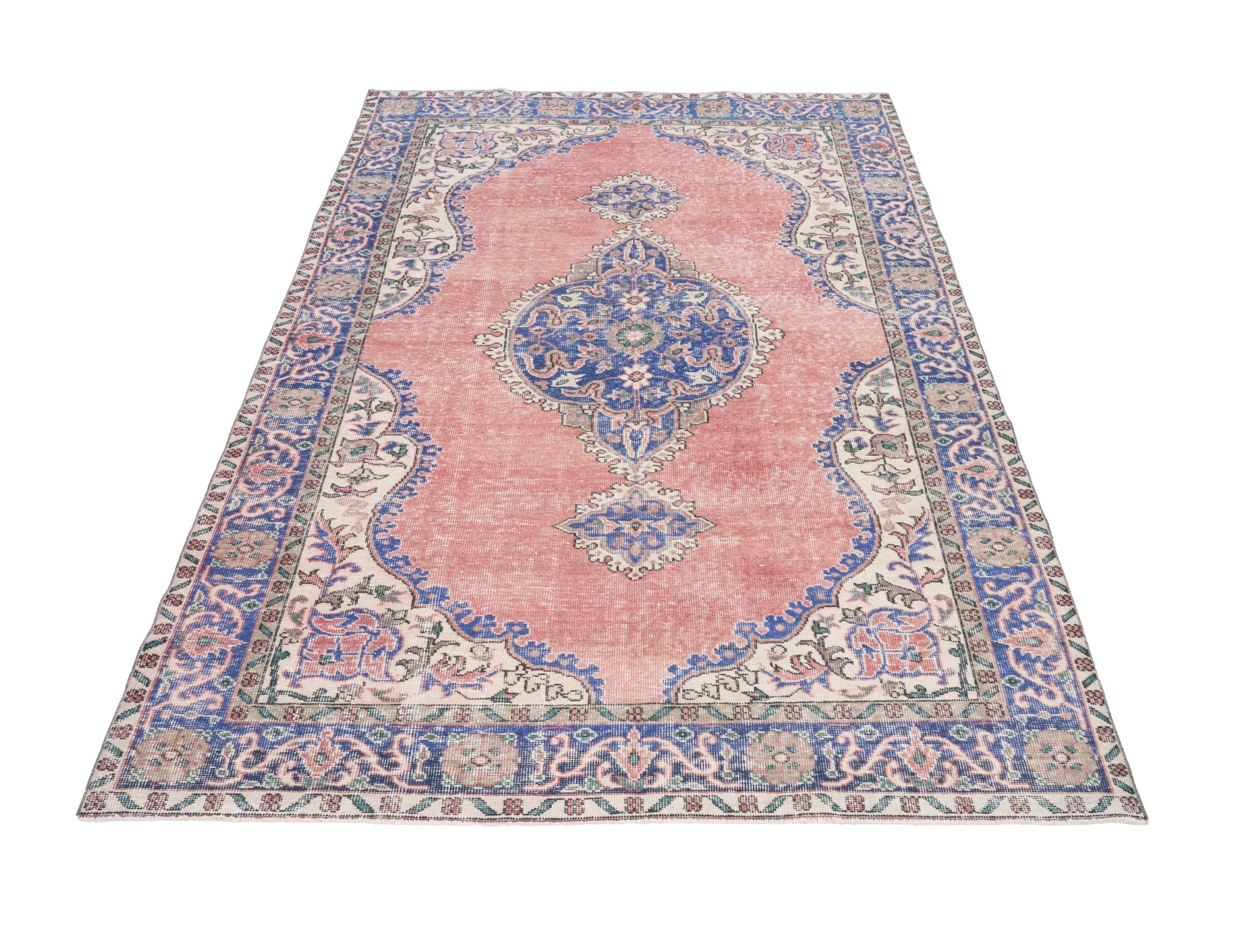 Turkish Isparta area rug in muted pink and denim, view 2 of 10