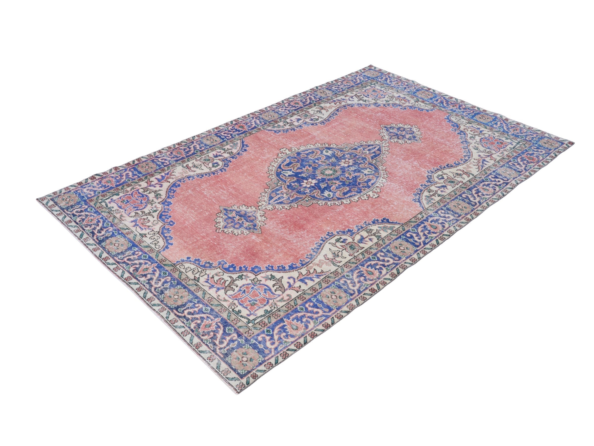 Turkish Isparta area rug in muted pink and denim, view 3 of 10