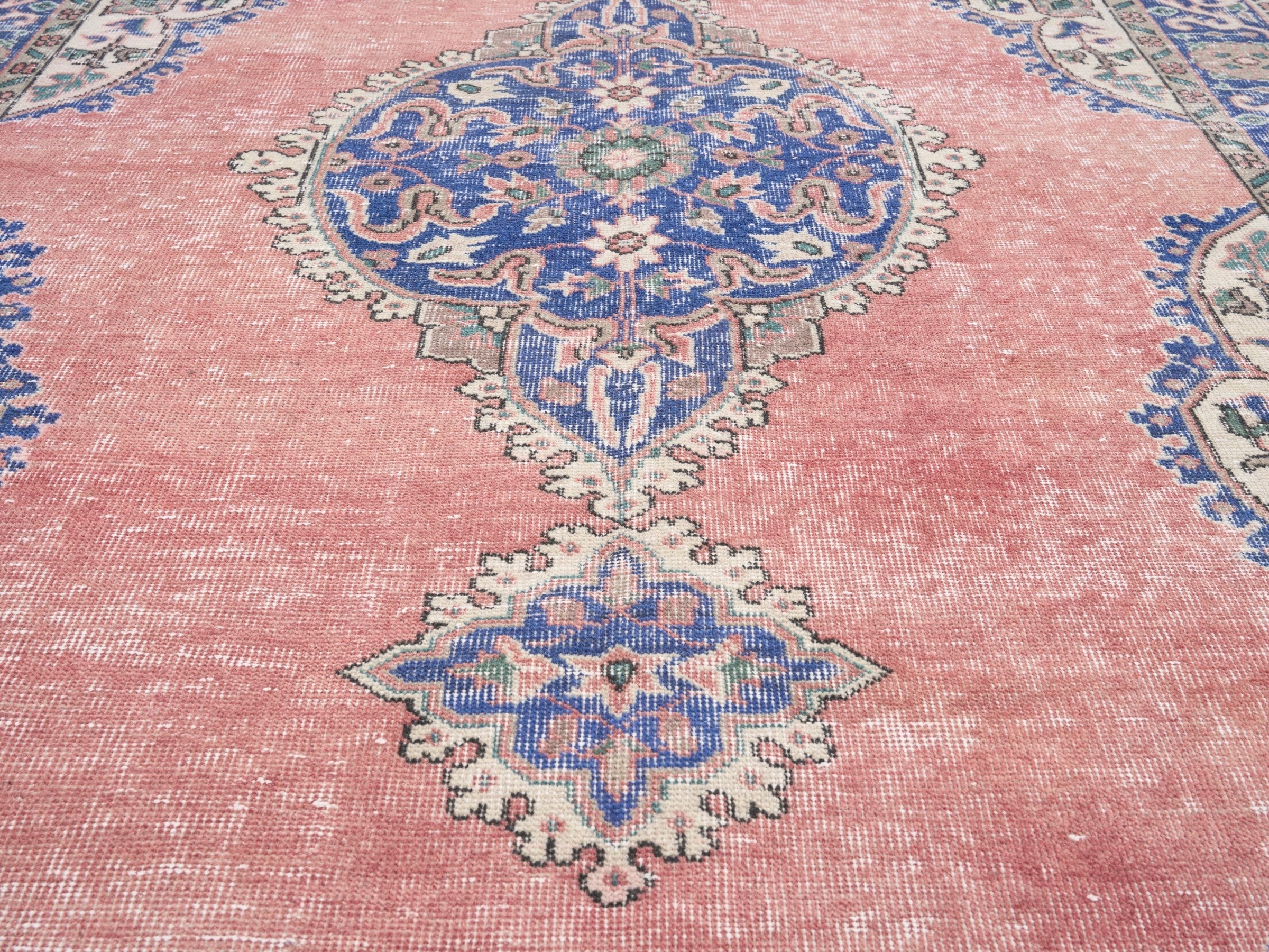 Turkish Isparta area rug in muted pink and denim, view 4 of 10