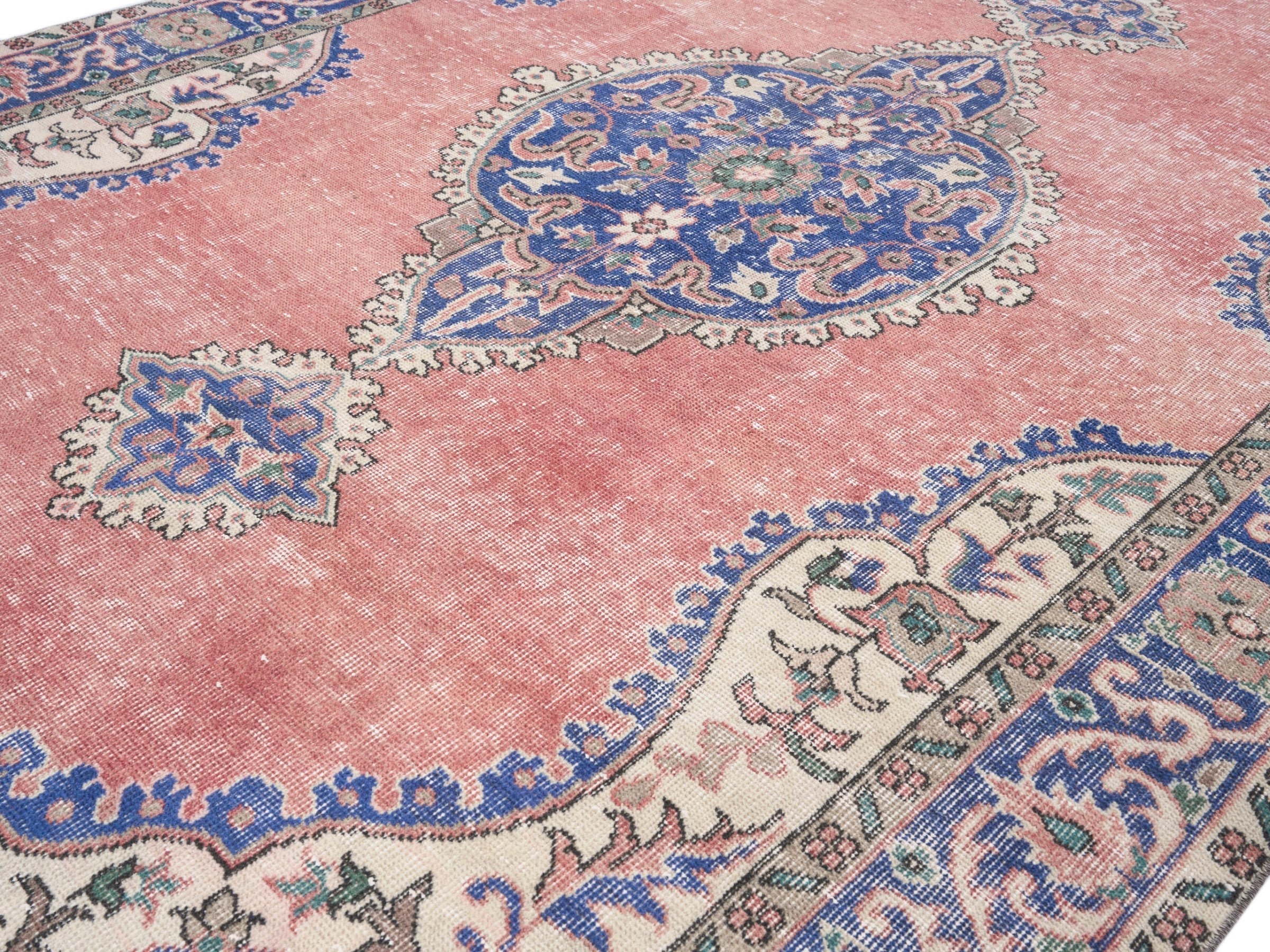 Turkish Isparta area rug in muted pink and denim, view 5 of 10