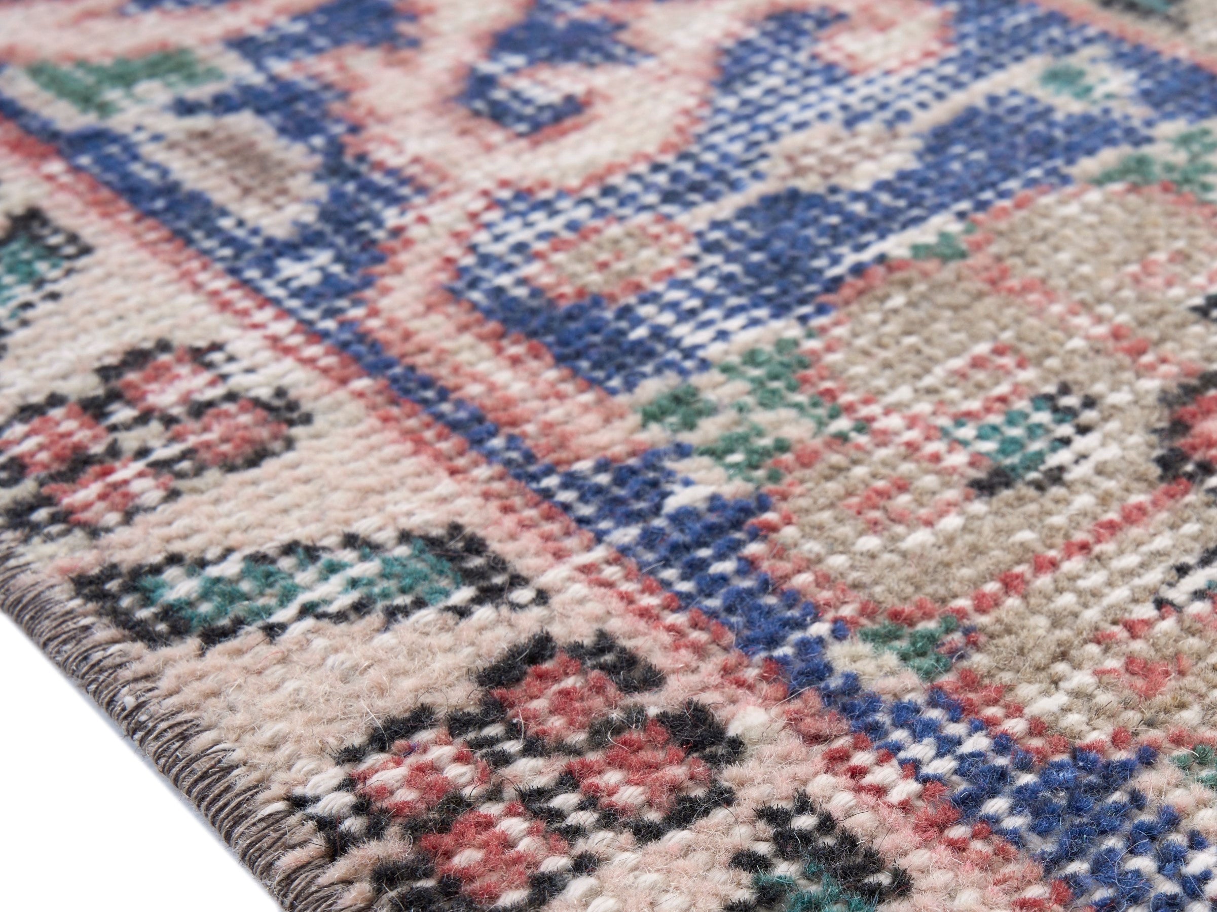 Turkish Isparta area rug in muted pink and denim, view 6 of 10