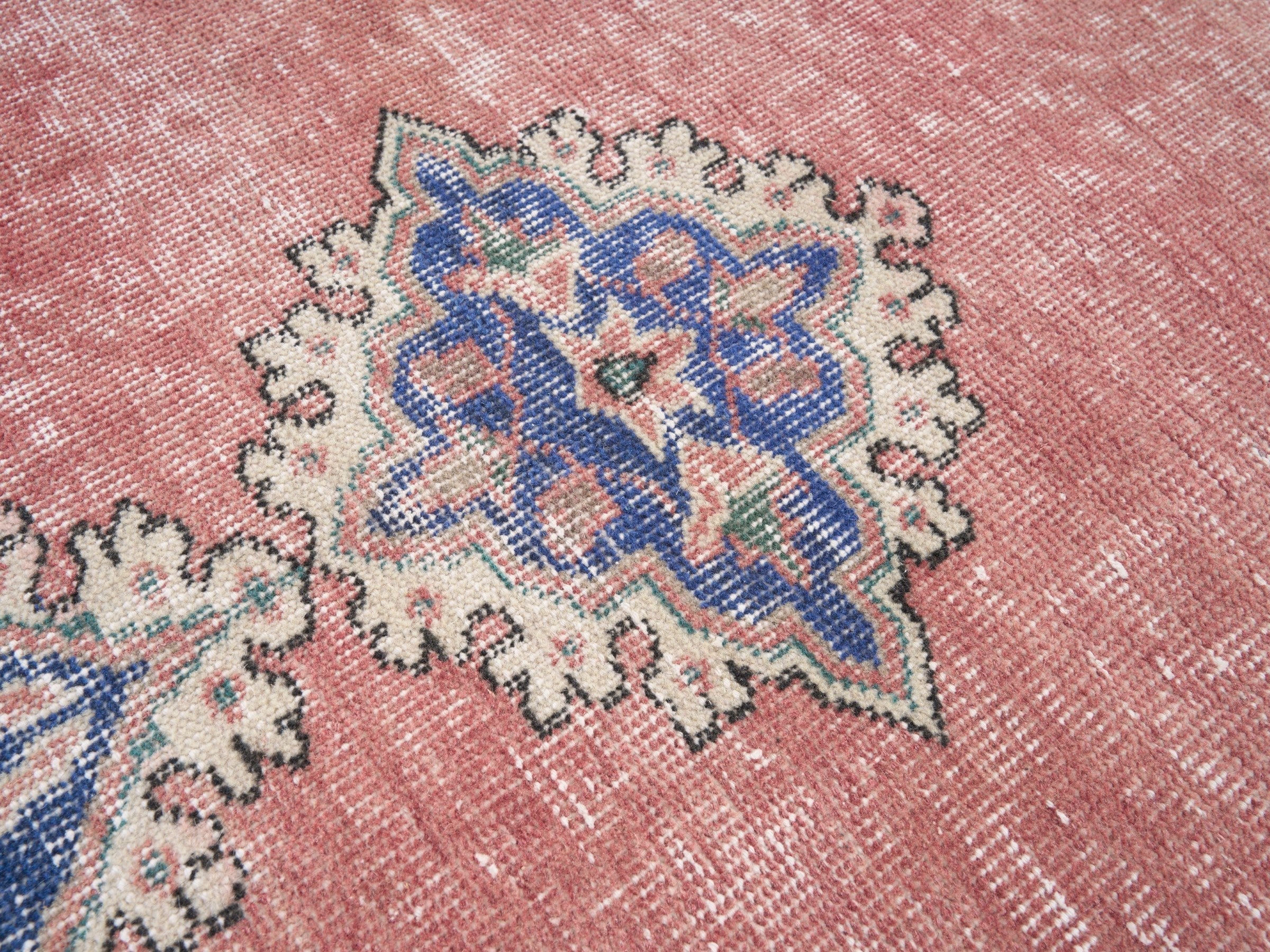 Turkish Isparta area rug in muted pink and denim, view 7 of 10
