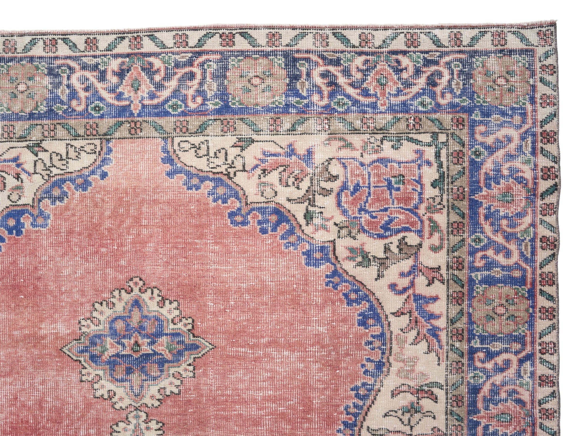 Turkish Isparta area rug in muted pink and denim, view 8 of 10