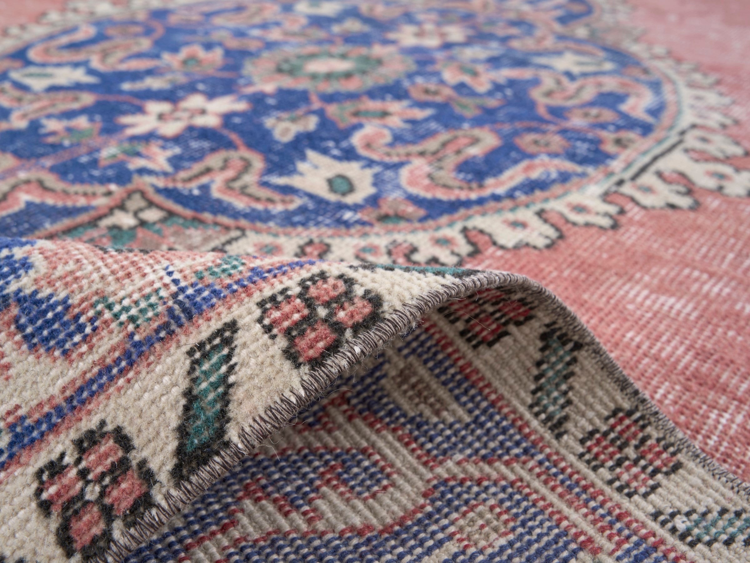 Turkish Isparta area rug in muted pink and denim, view 9 of 10