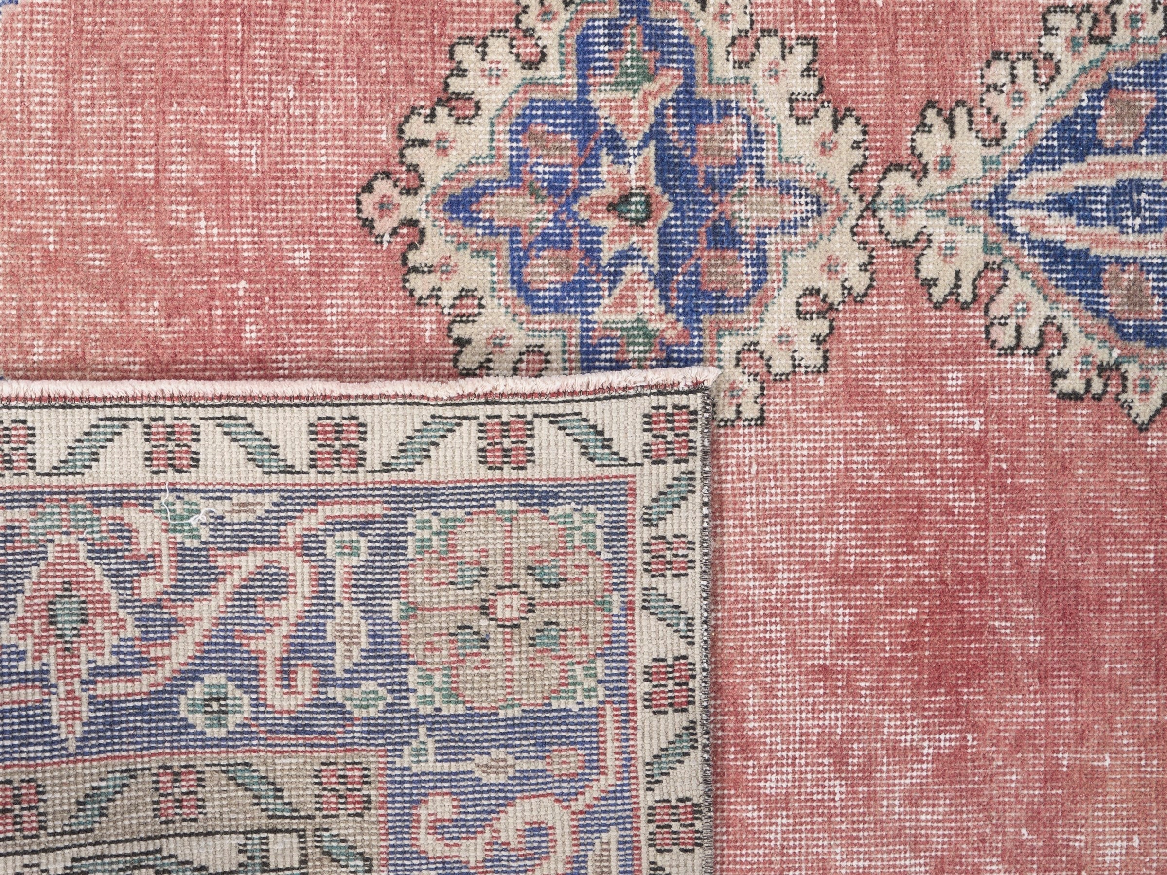Turkish Isparta area rug in muted pink and denim, view 10 of 10