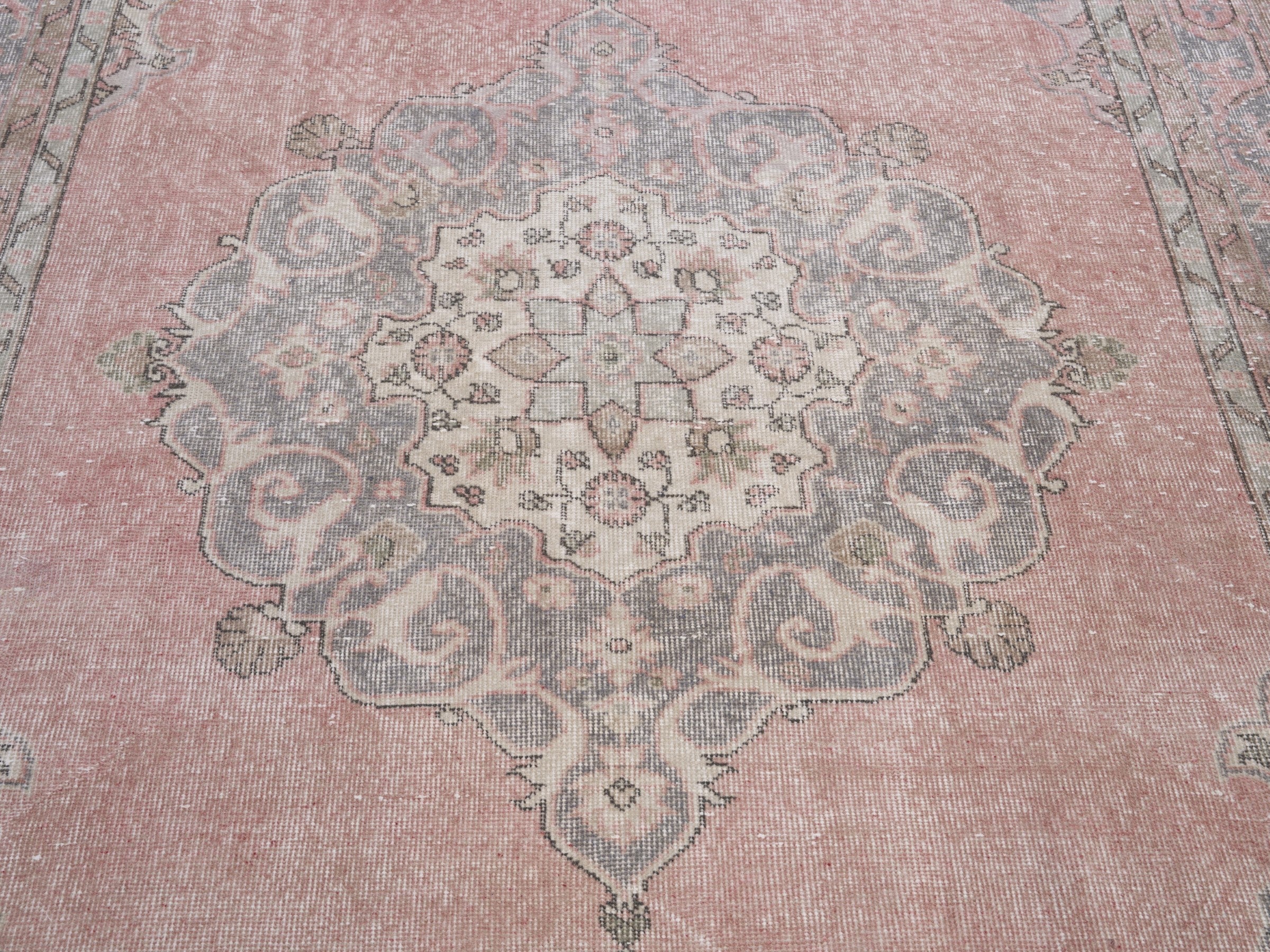Turkish Isparta area rug in dusty rose and greige, view 3 of 9