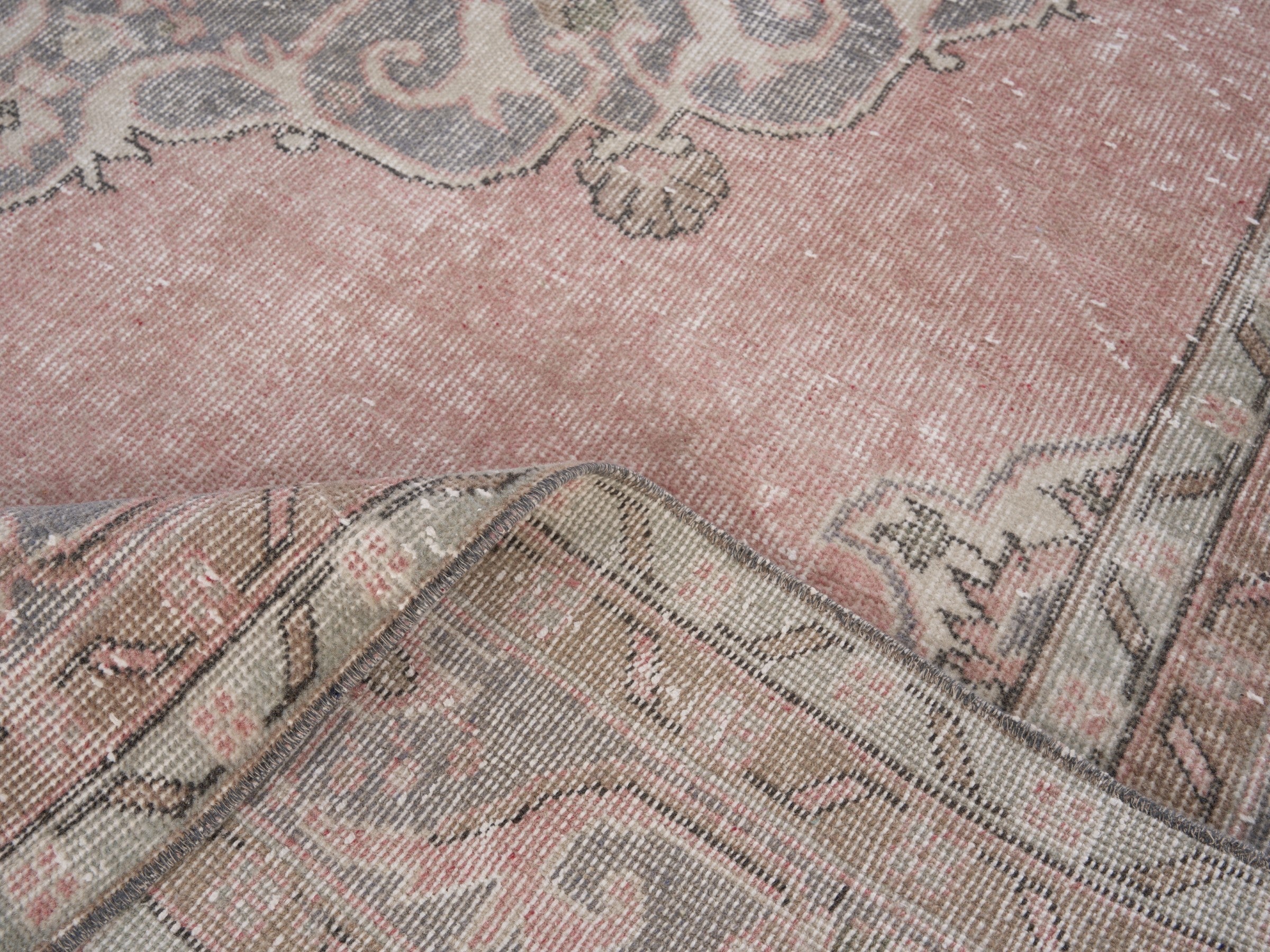 Turkish Isparta area rug in dusty rose and greige, view 8 of 9