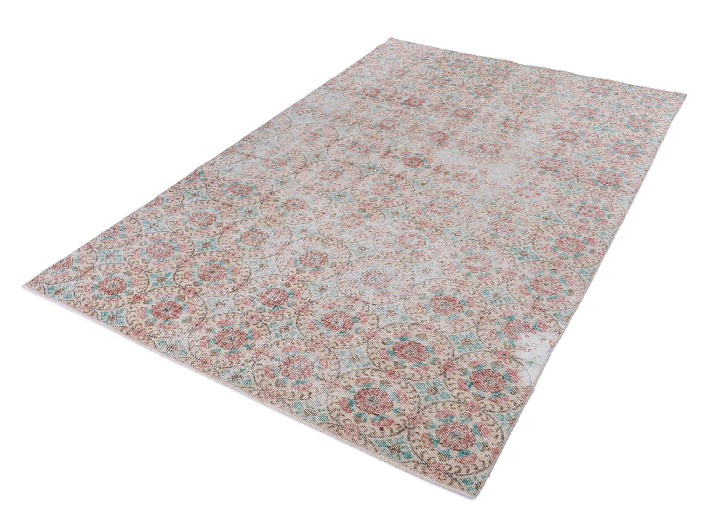 Turkish Isparta area rug in off-white and faded red, view 3 of 10