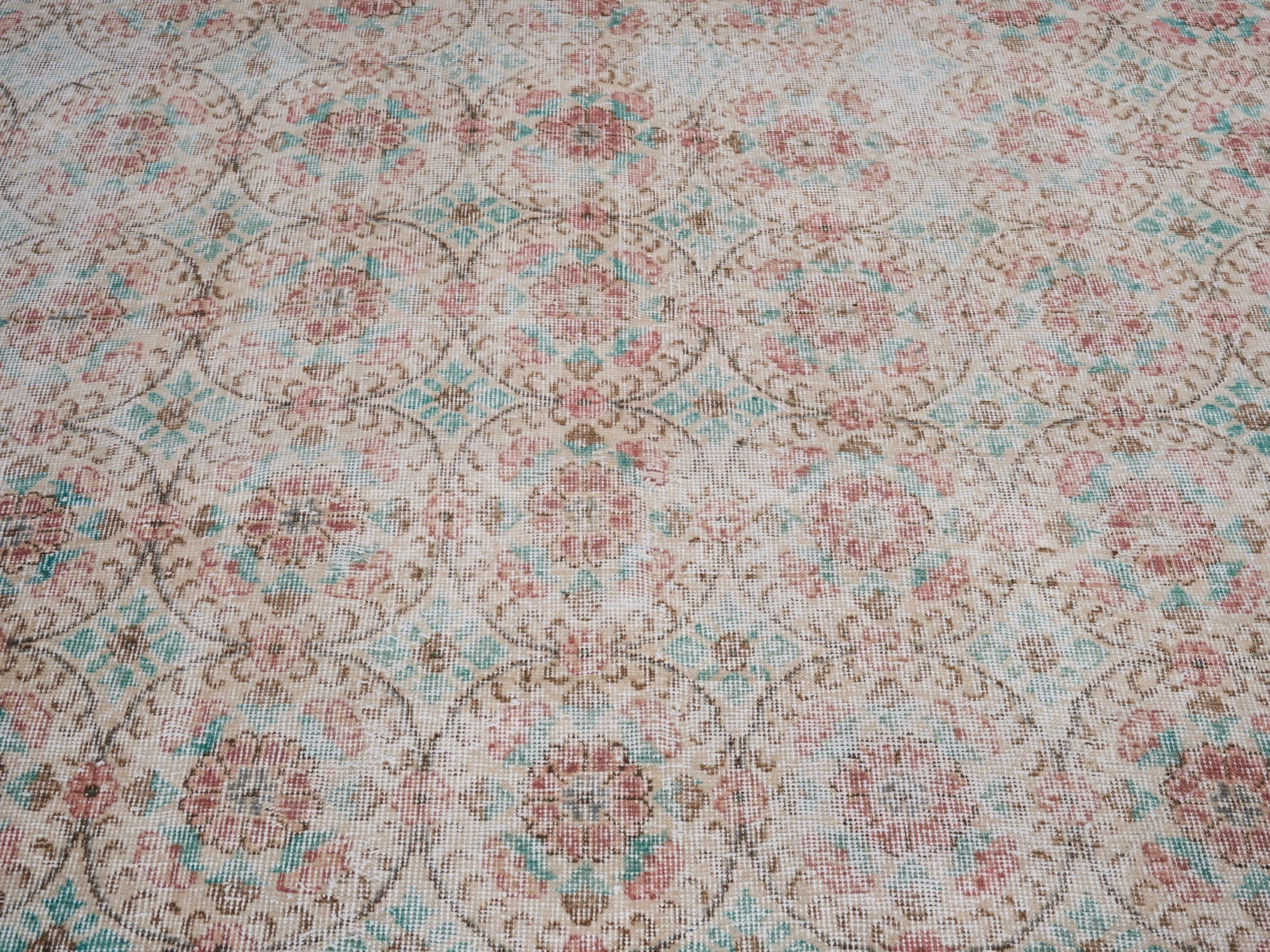 Turkish Isparta area rug in off-white and faded red, view 4 of 10
