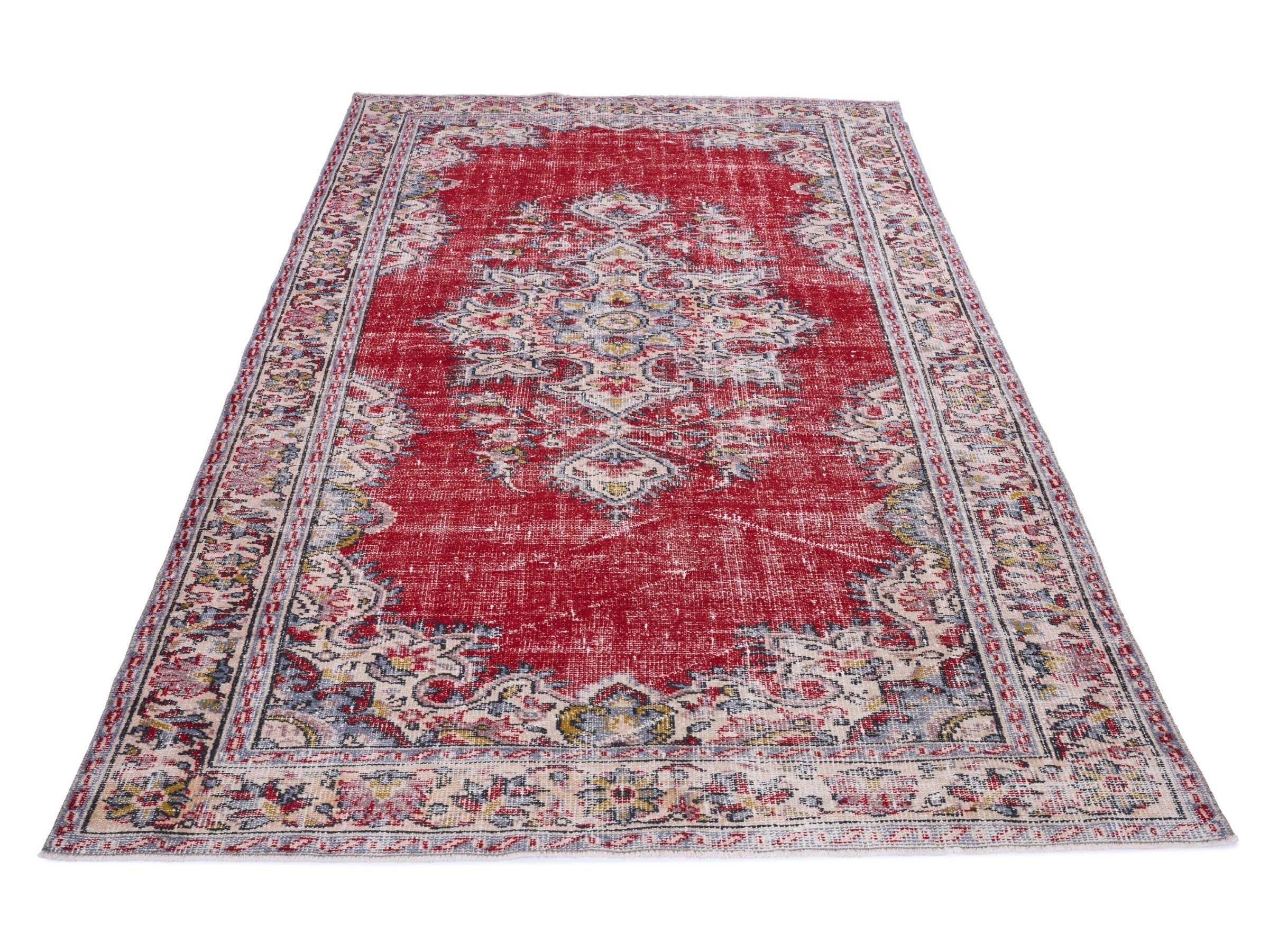 Turkish Manisa area rug in deep red and off-white, view 2 of 10