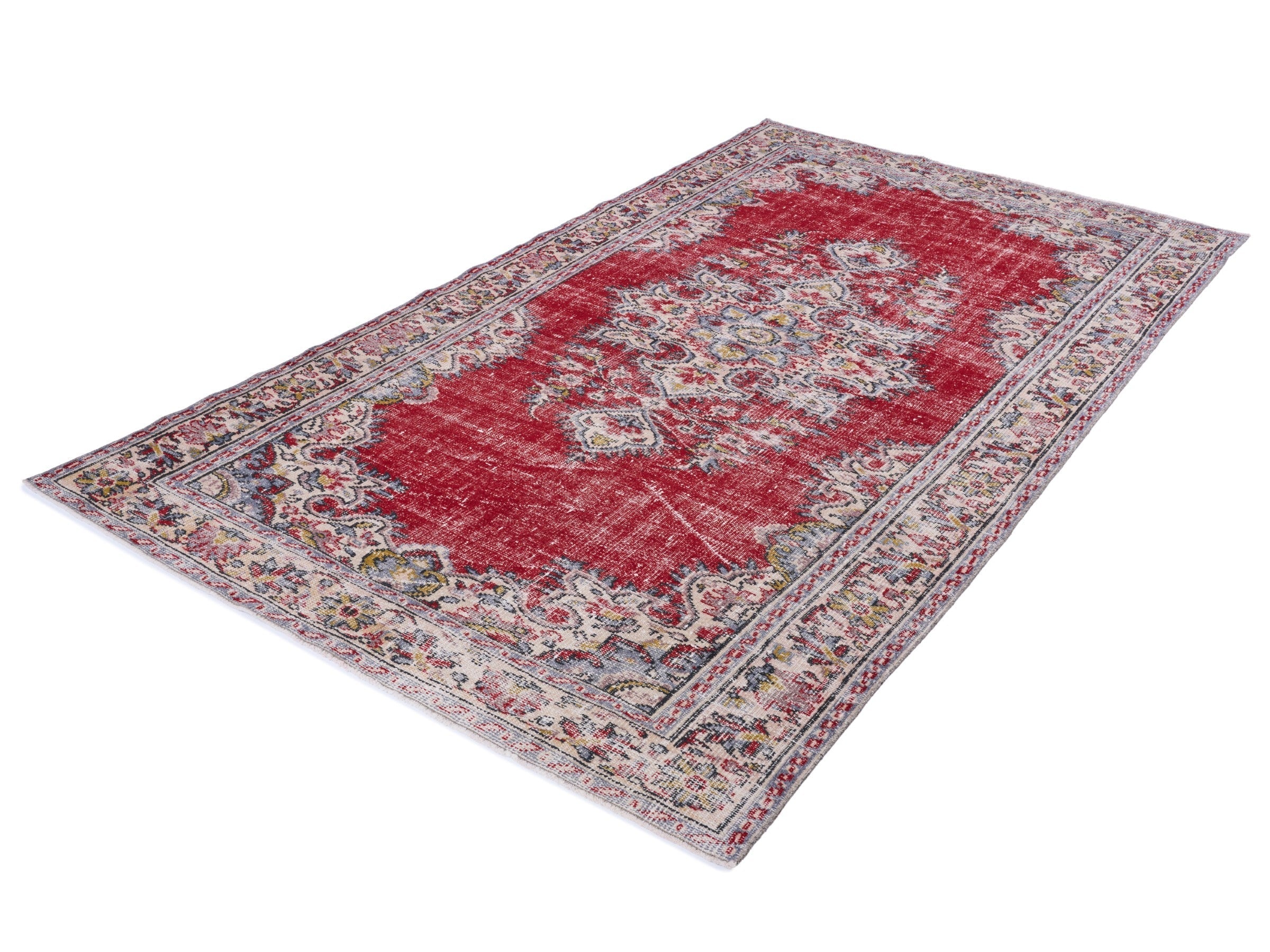 Turkish Manisa area rug in deep red and off-white, view 3 of 10