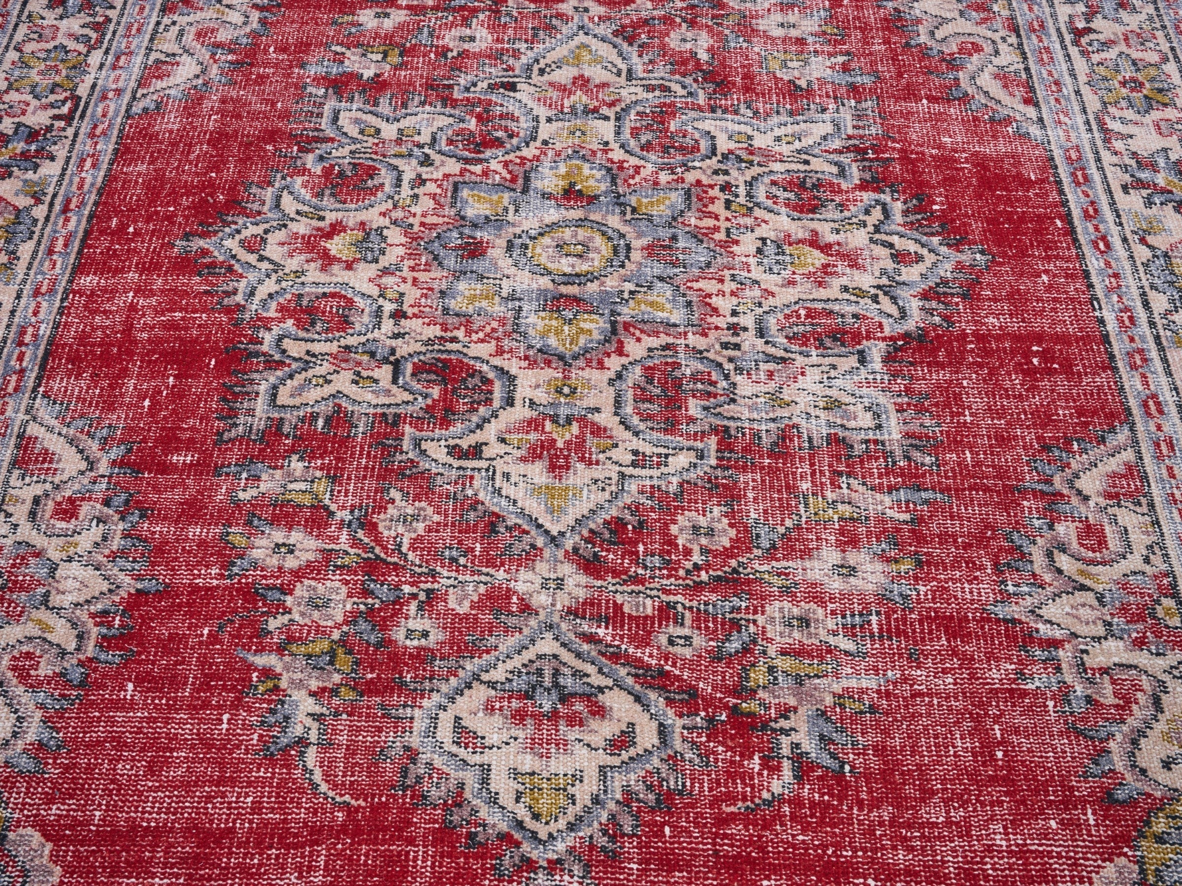 Turkish Manisa area rug in deep red and off-white, view 4 of 10