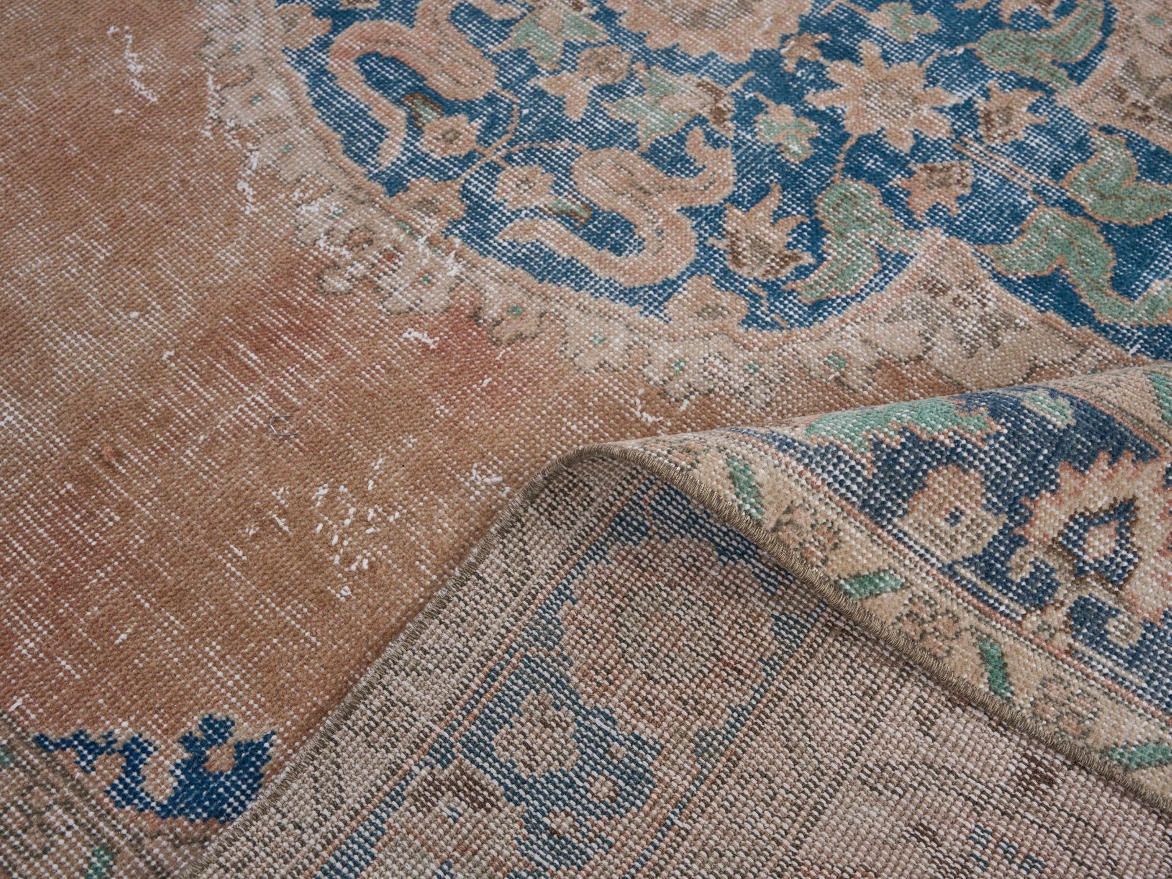 Turkish Isparta area rug in terracotta and denim, view 9 of 10